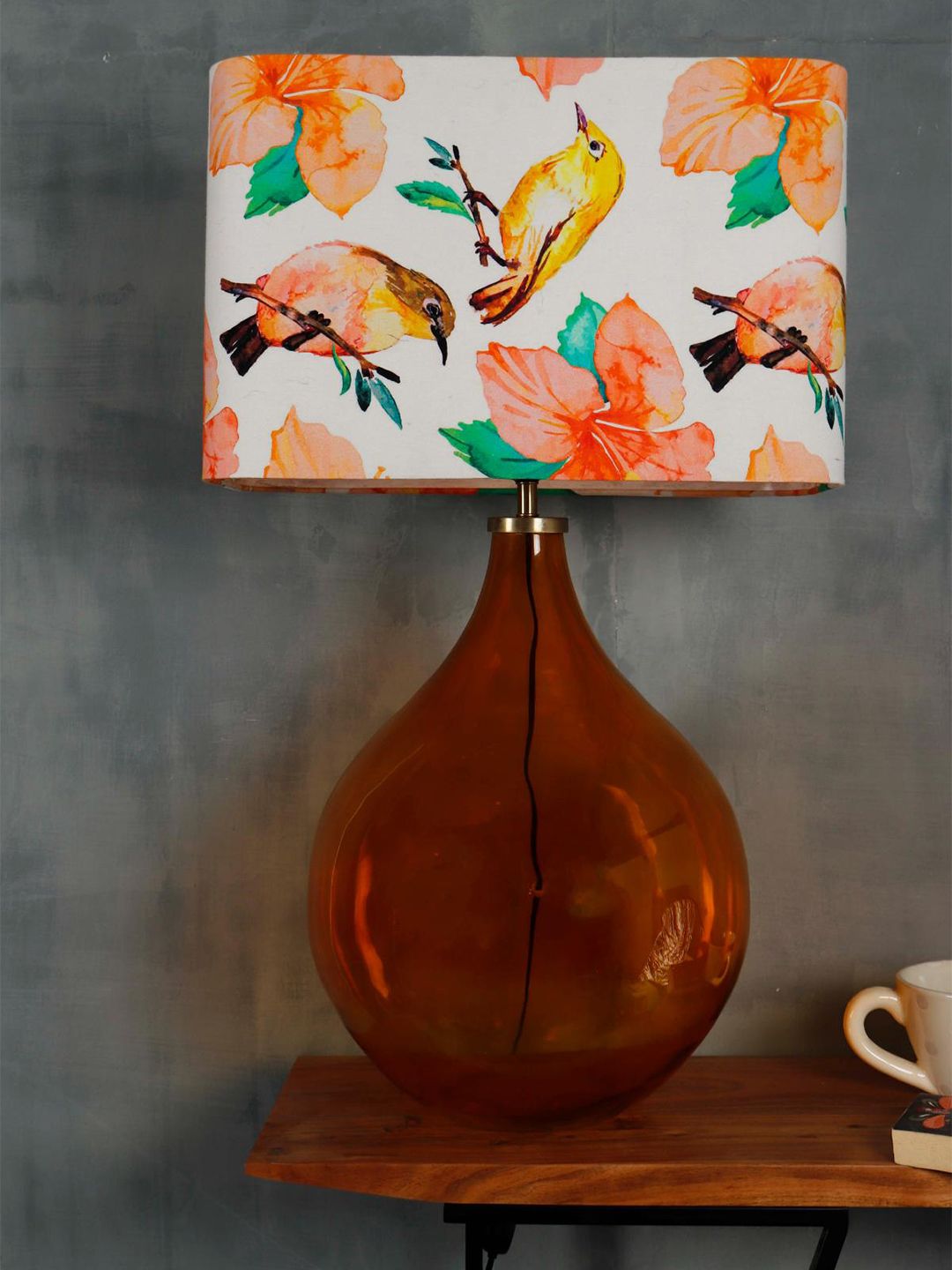 Grated Ginger White & Orange Printed Contemporary Bedside Standard Table Lamp with Shade Price in India