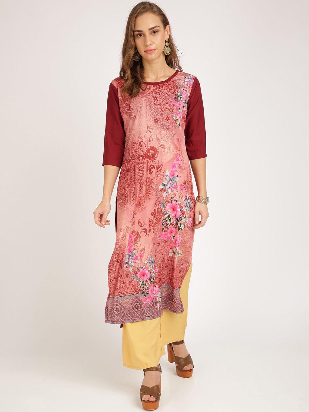 Florence Women Peach-Coloured Floral Printed Crepe Kurta