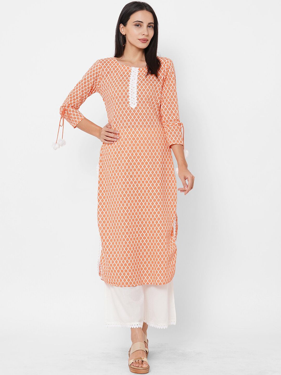 FASHOR Women Orange Printed Kurta with Solid Palazzo