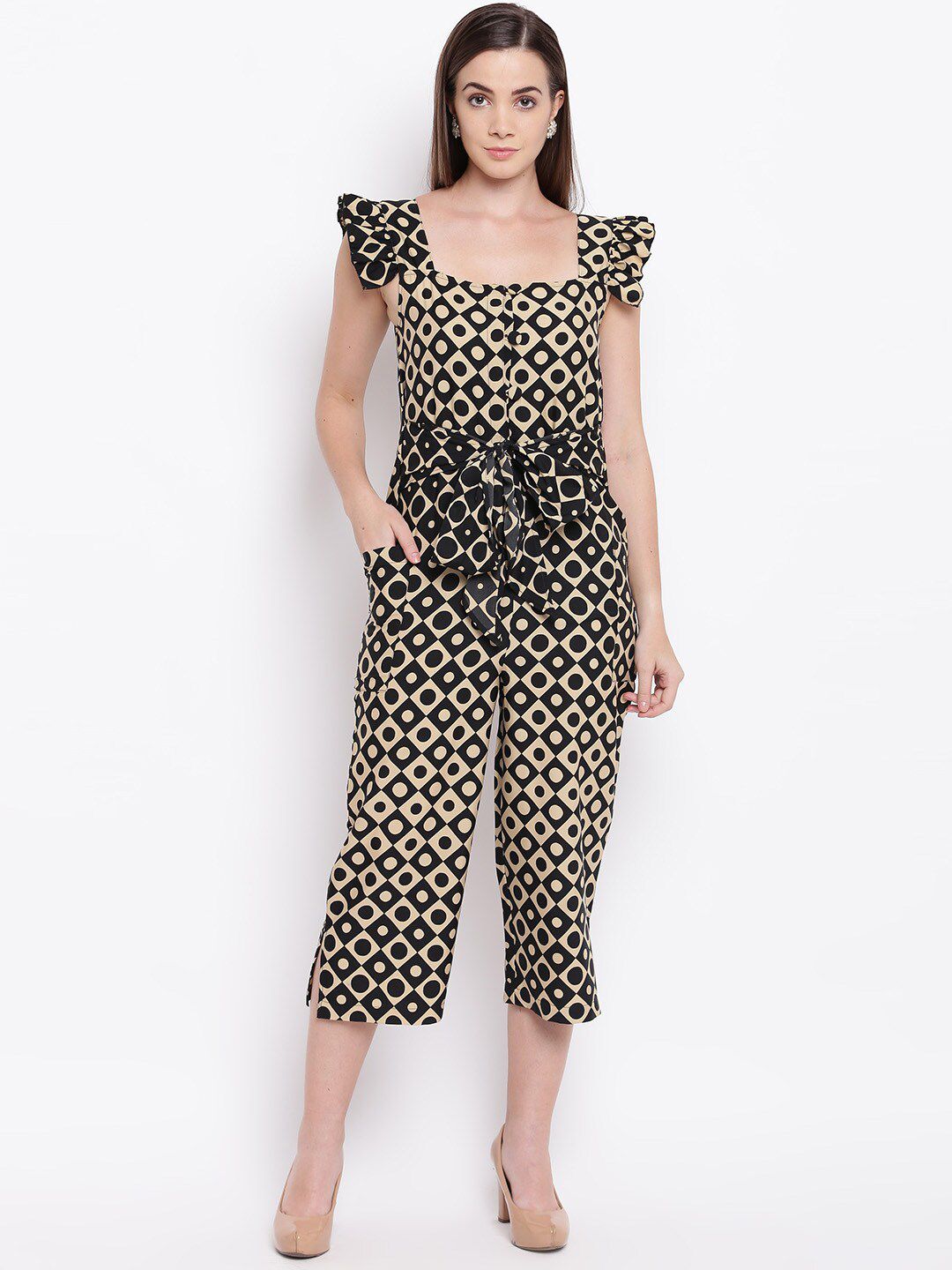 Cottinfab Women Black & Beige Printed Capri Jumpsuit Price in India