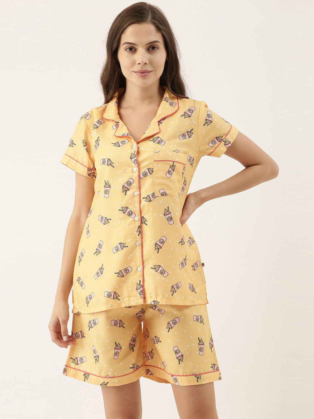 Bannos Swagger Women Yellow Printed Night suit Price in India