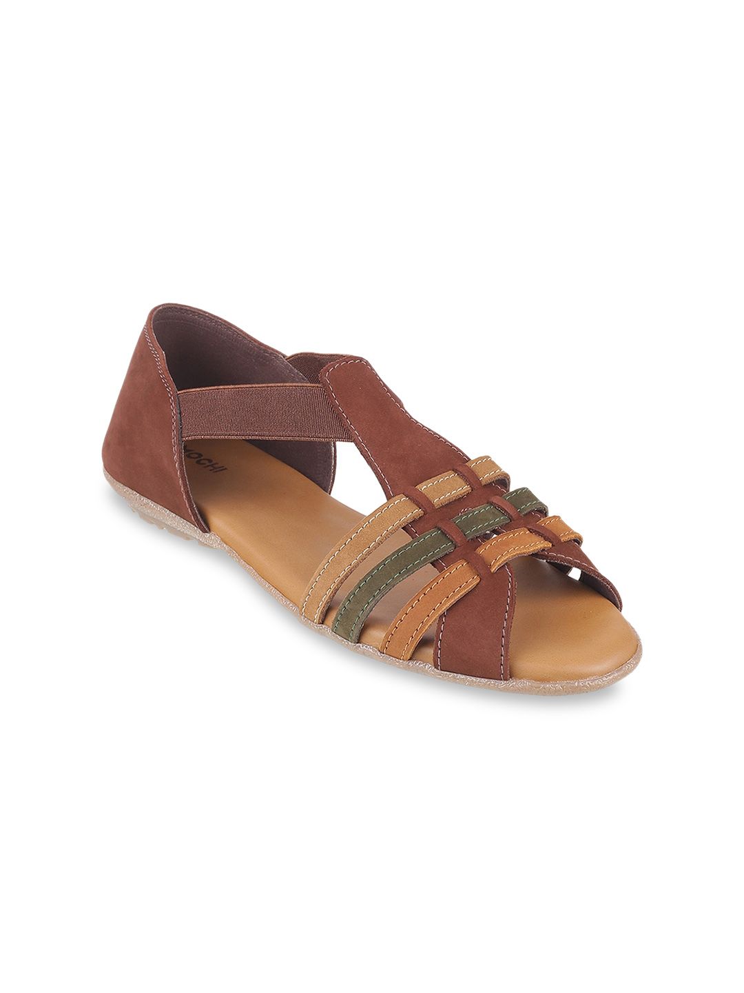 Mochi Women Brown Woven Design Suede Open Toe Flats Price in India