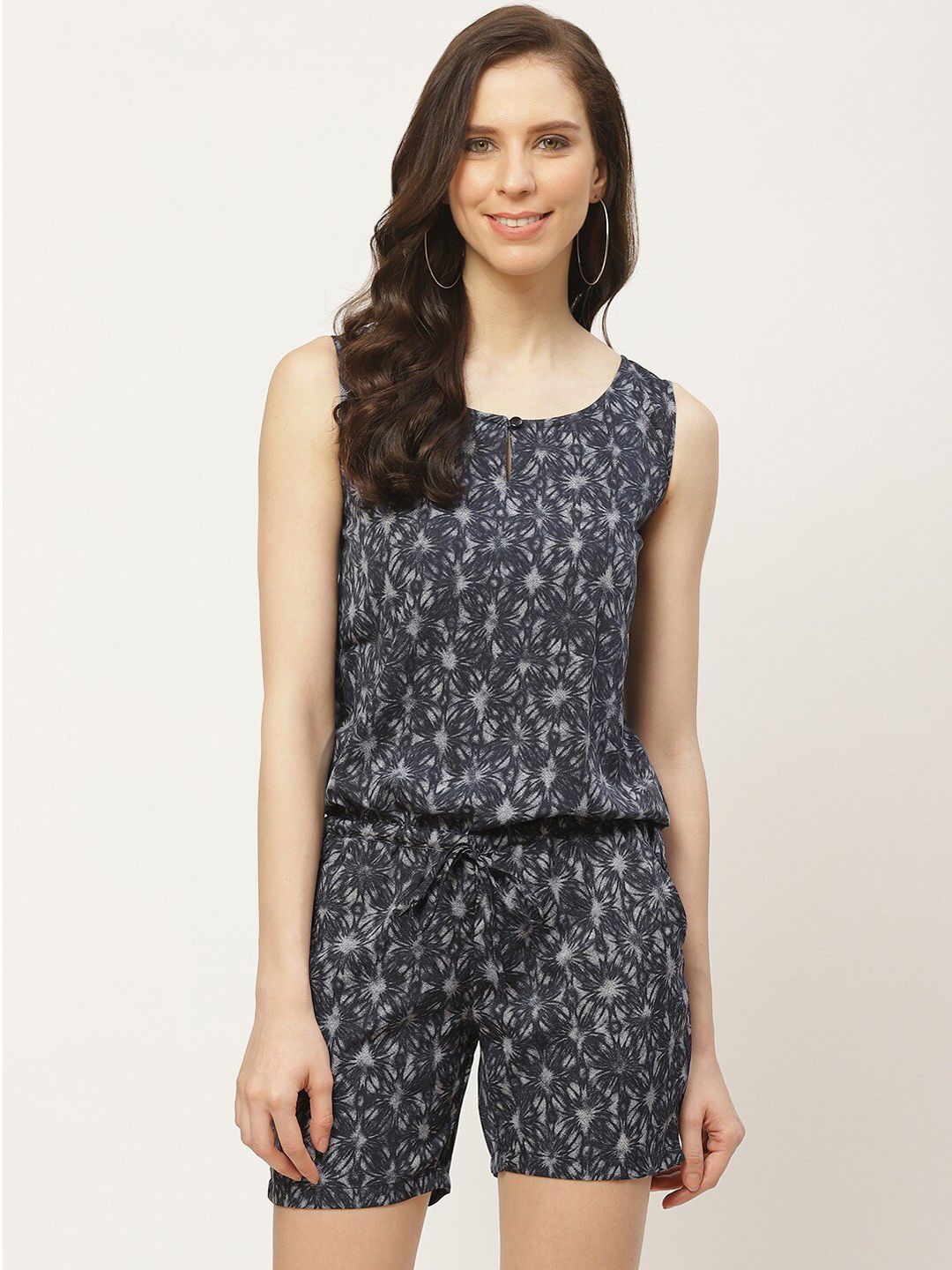 Cottinfab Women Navy Blue Printed Jumpsuit Price in India