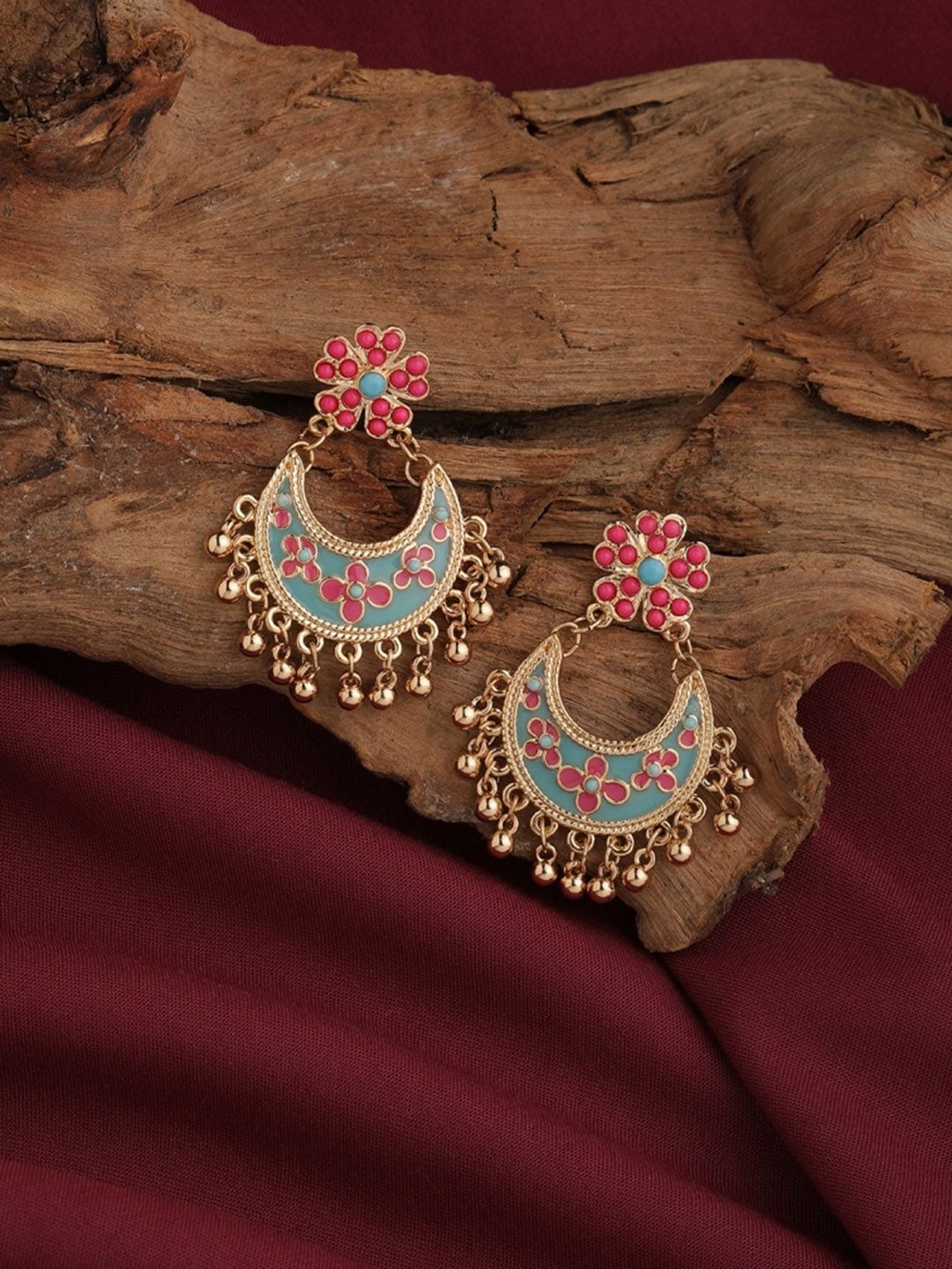 Accessorize Gold-Plated Pink & Turquoise Blue Enamelled Crescent Shaped Chandbalis Price in India