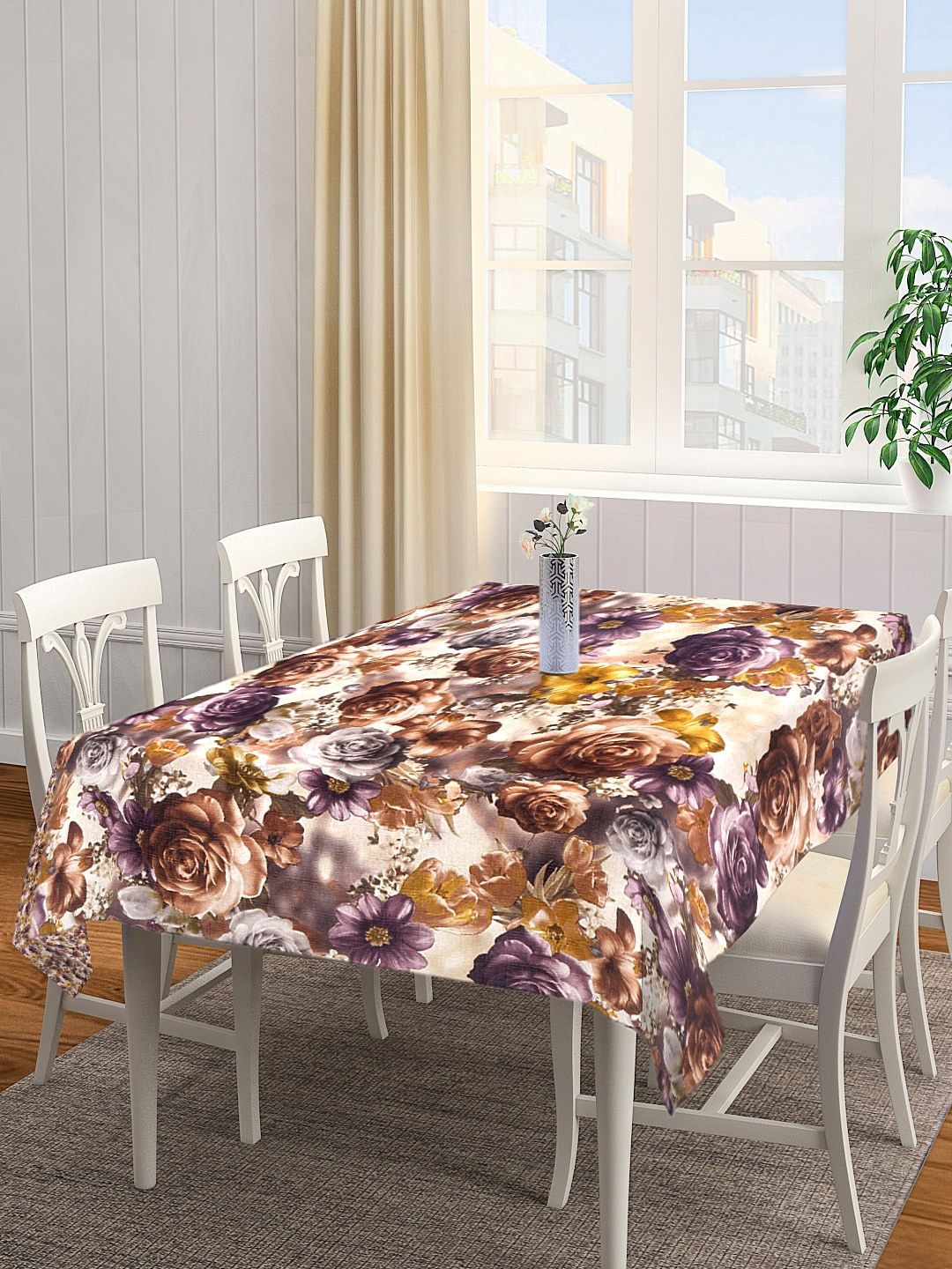 KLOTTHE Off-White & Purple Printed Cotton 6-Seater Rectangular Table Cover Price in India