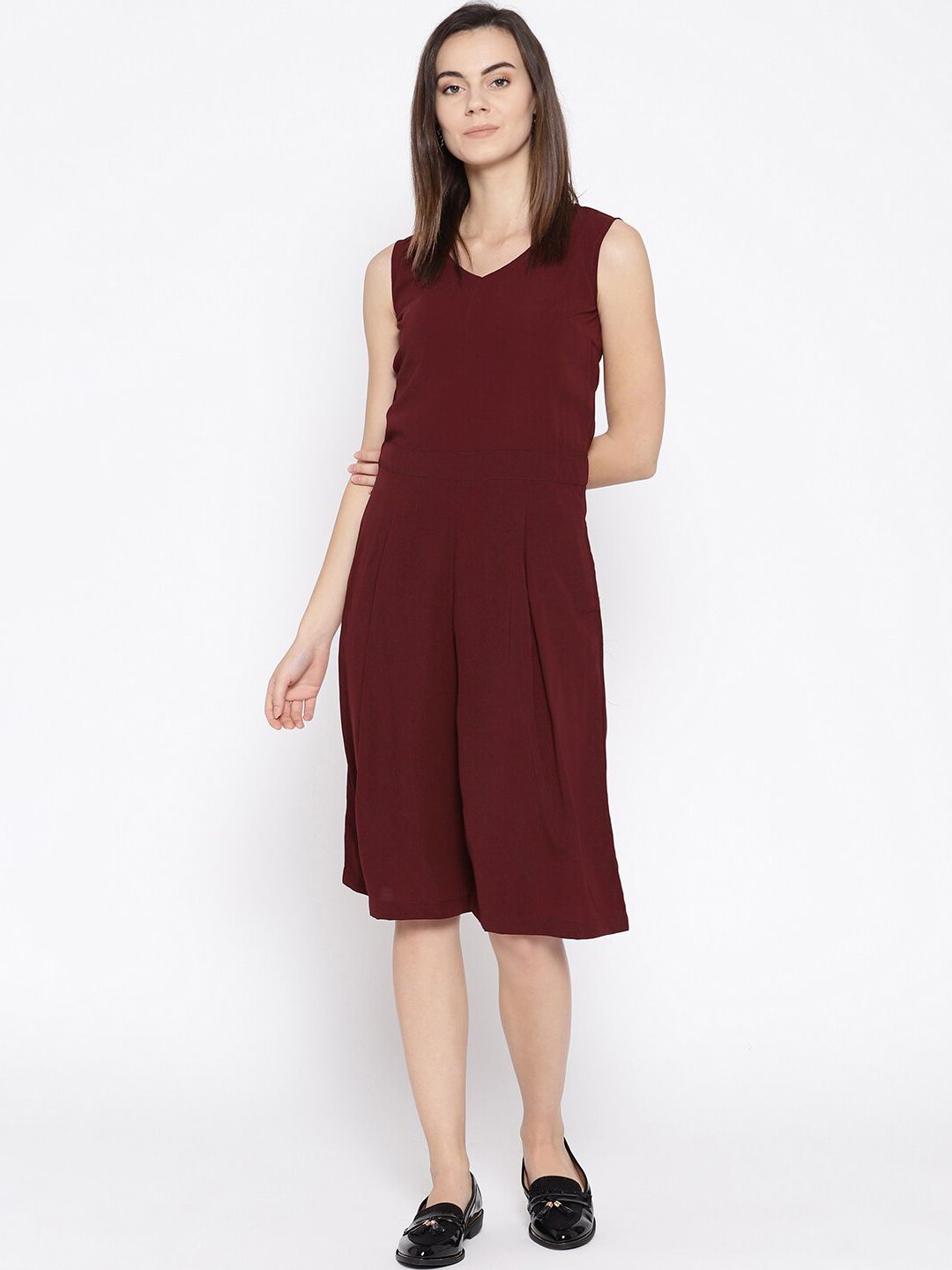 Cottinfab Women Maroon Solid Culotte Jumpsuit Price in India