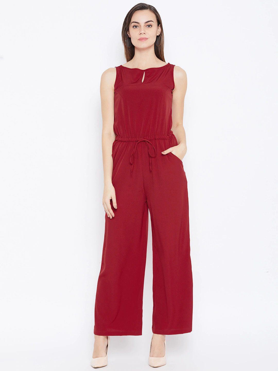 Cottinfab Women Maroon Solid Basic Jumpsuit Price in India