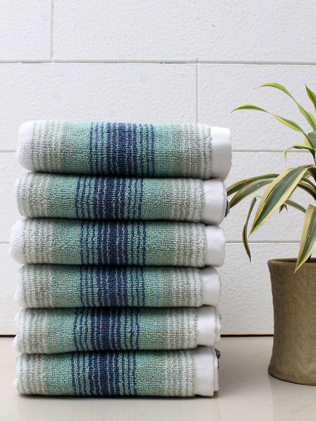 AVI Living Set Of 6 Sea Green & White Classic Stripes 600 GSM Cotton Hand Towels Price in India