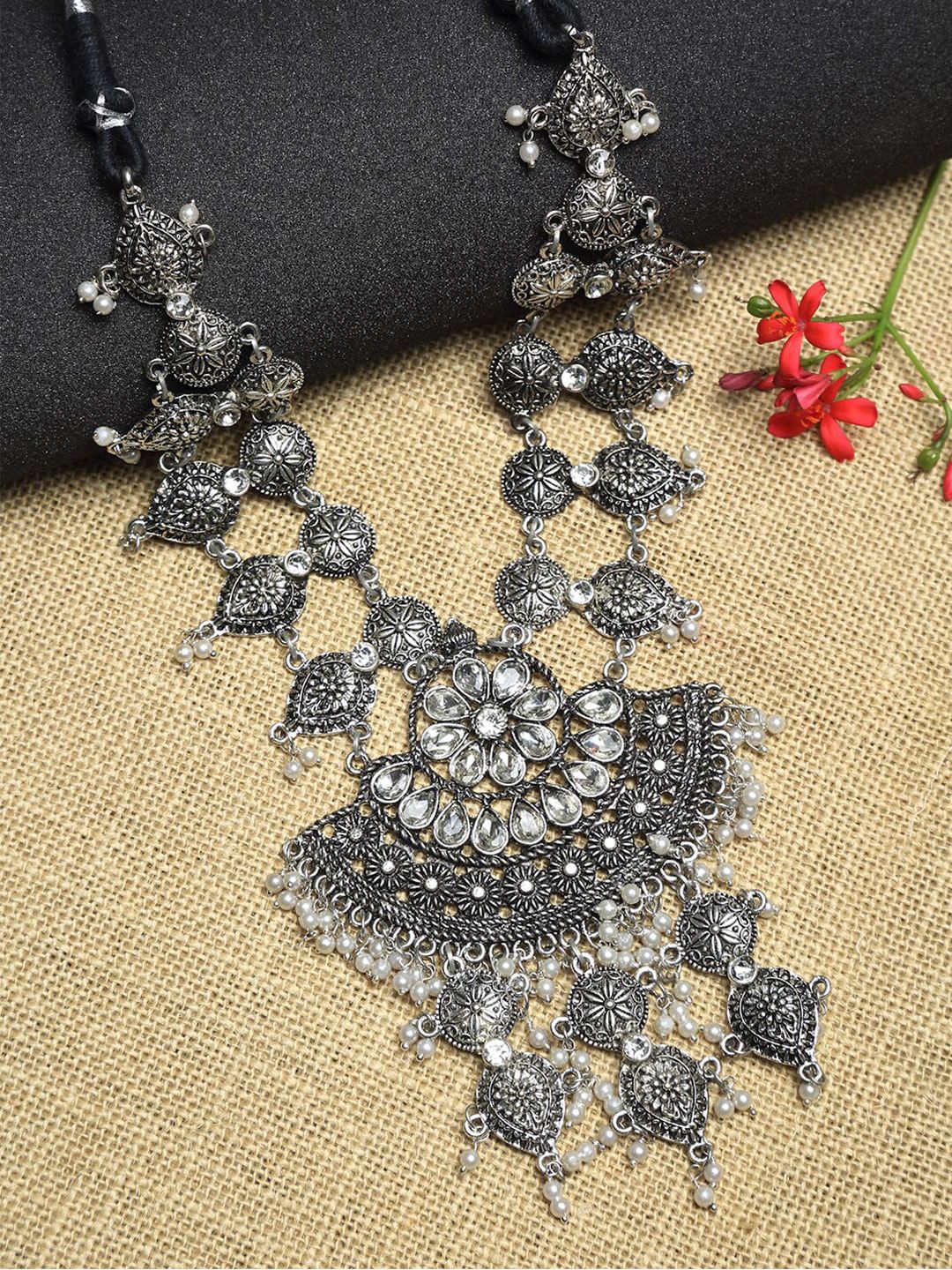 NEUDIS Silver-Toned & Black Rhodium-Plated Oxidised Handcrafted Necklace Price in India