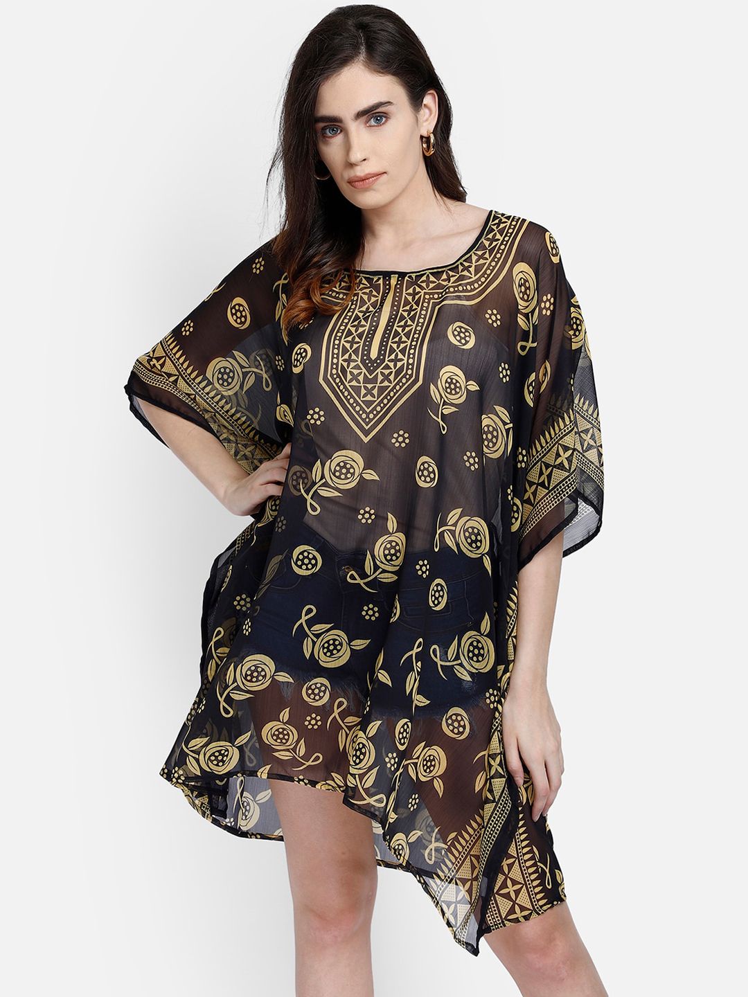 Aditi Wasan Black & Gold Floral Print Kaftan Dress Price in India