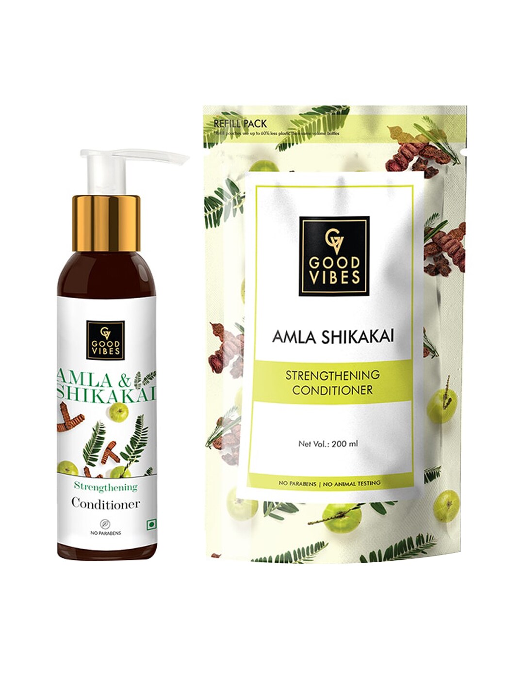 Good Vibes Set Of 2 Amla Shikakai Hair Strengthening Conditioner Bottle & Pouch 320ml Price in India