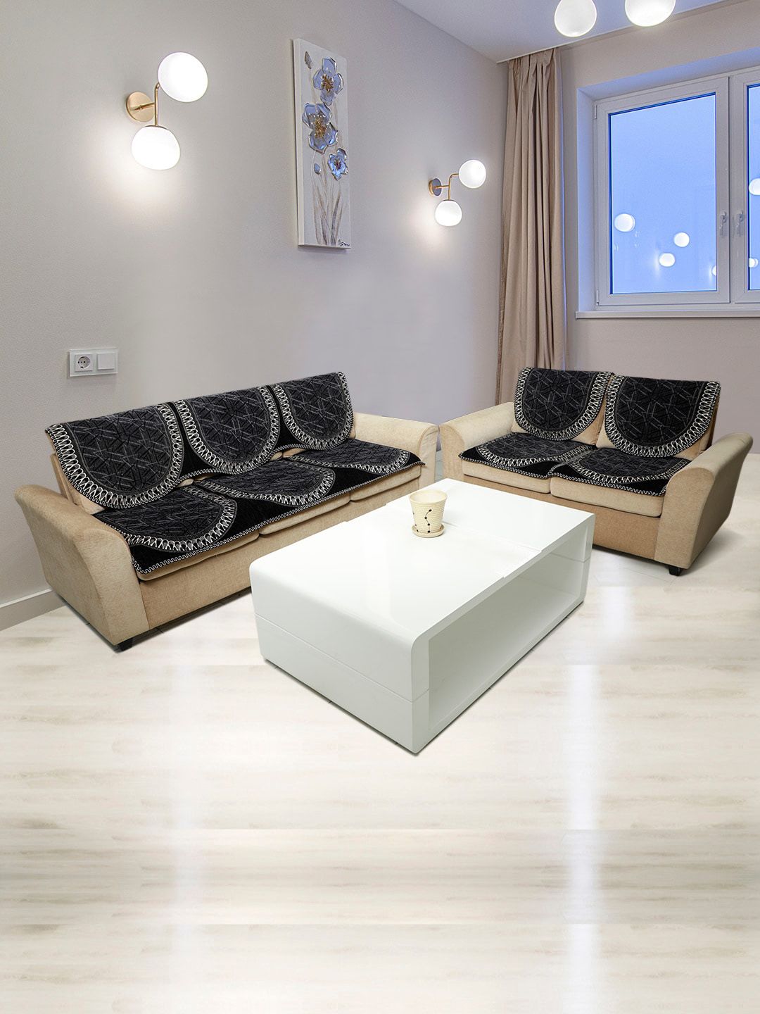 HOSTA HOMES Black & Beige Self-Design Jacquard Velvet 5-Seater Sofa Covers Price in India