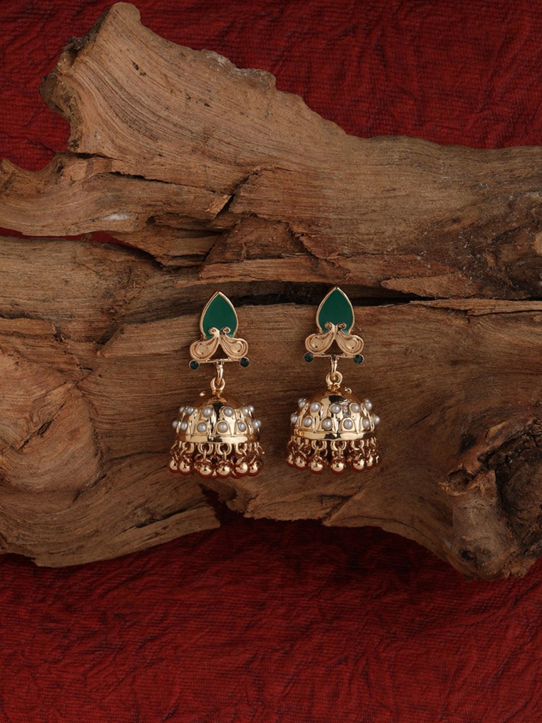 Accessorize Gold-Plated & Green Enamelled Dome Shaped Jhumkas Price in India