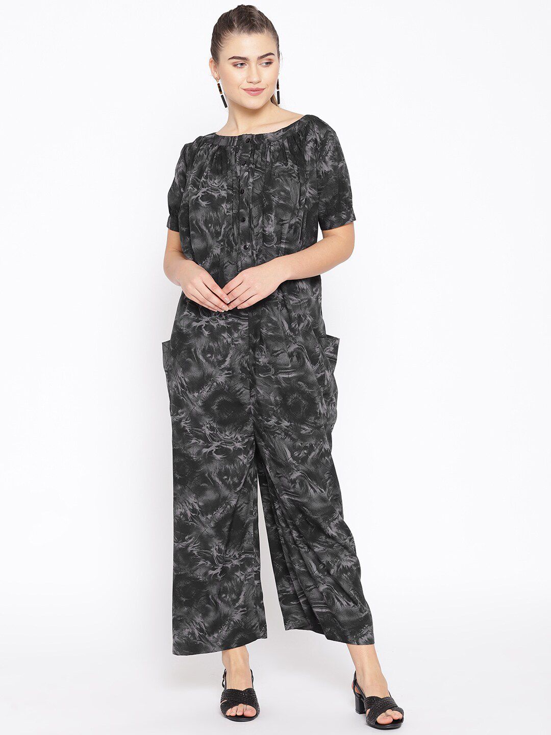 Cottinfab Women Black & Grey Printed Basic Jumpsuit Price in India