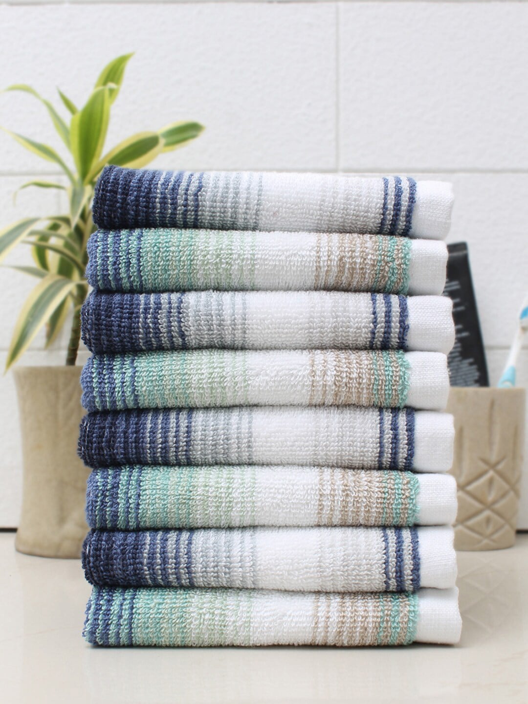 AVI Living Set Of 8 Green & Blue Striped 600 GSM Cotton Face Towels Price in India