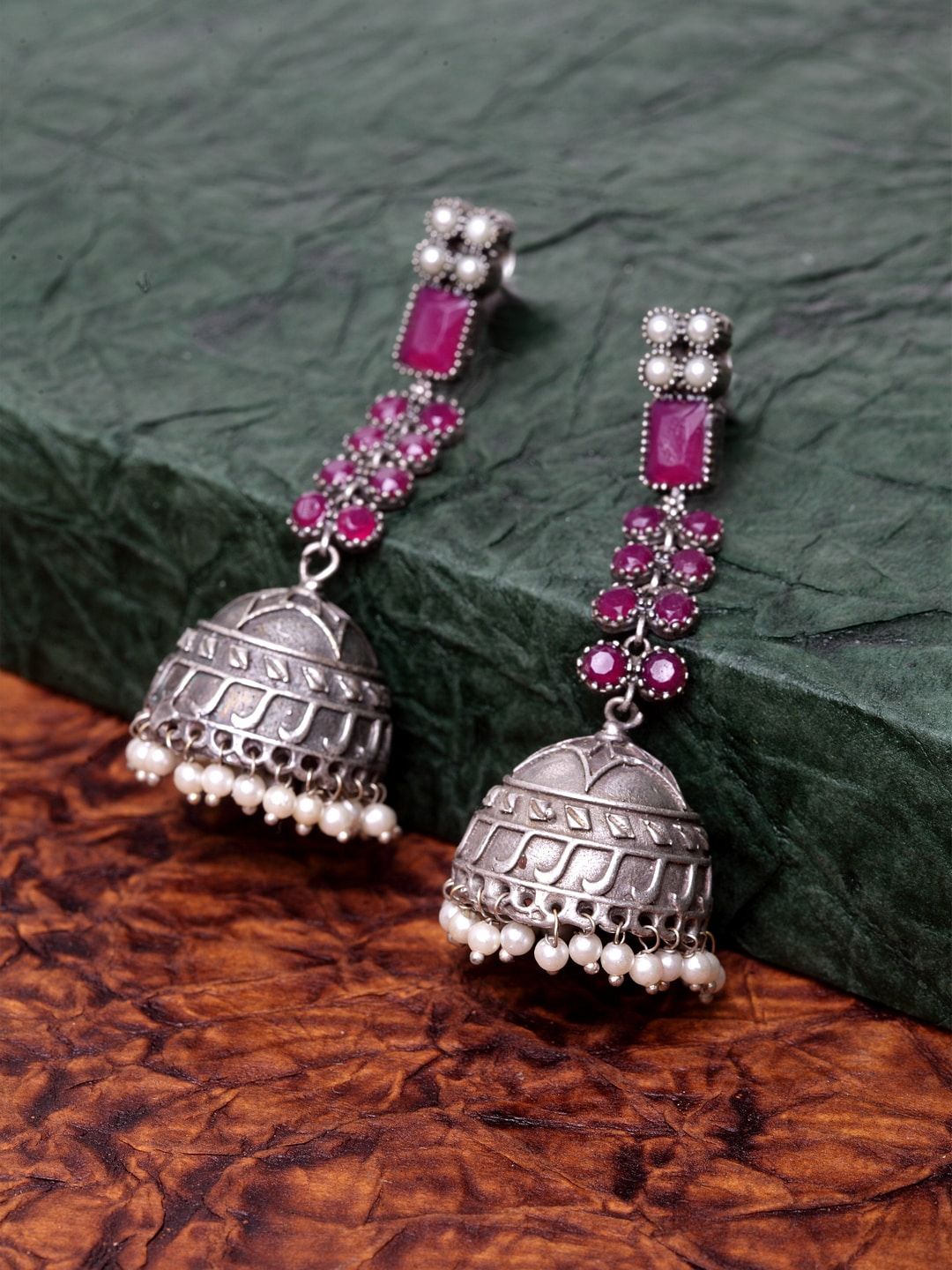 PANASH Silver-Plated & Pink Contemporary Jhumkas Price in India