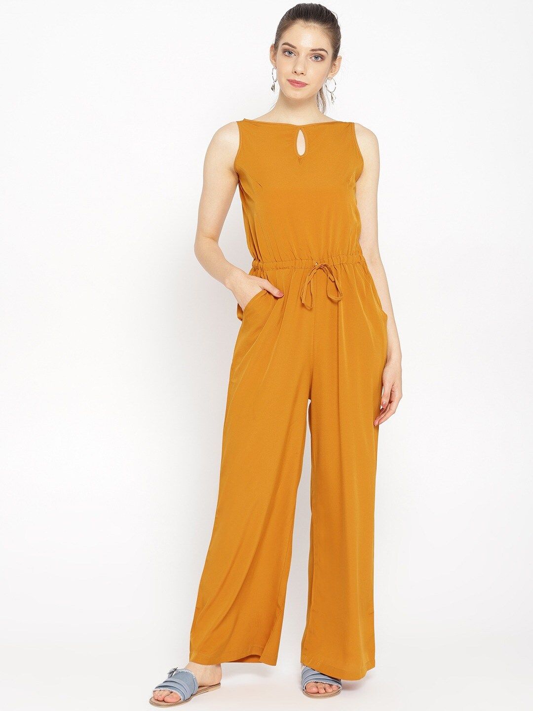 Cottinfab Women Mustard Yellow Solid Jumpsuit Price in India