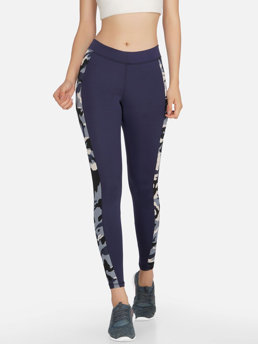 NEU LOOK FASHION Women Navy Blue & Black Camo Printed Gym Tights Price in India