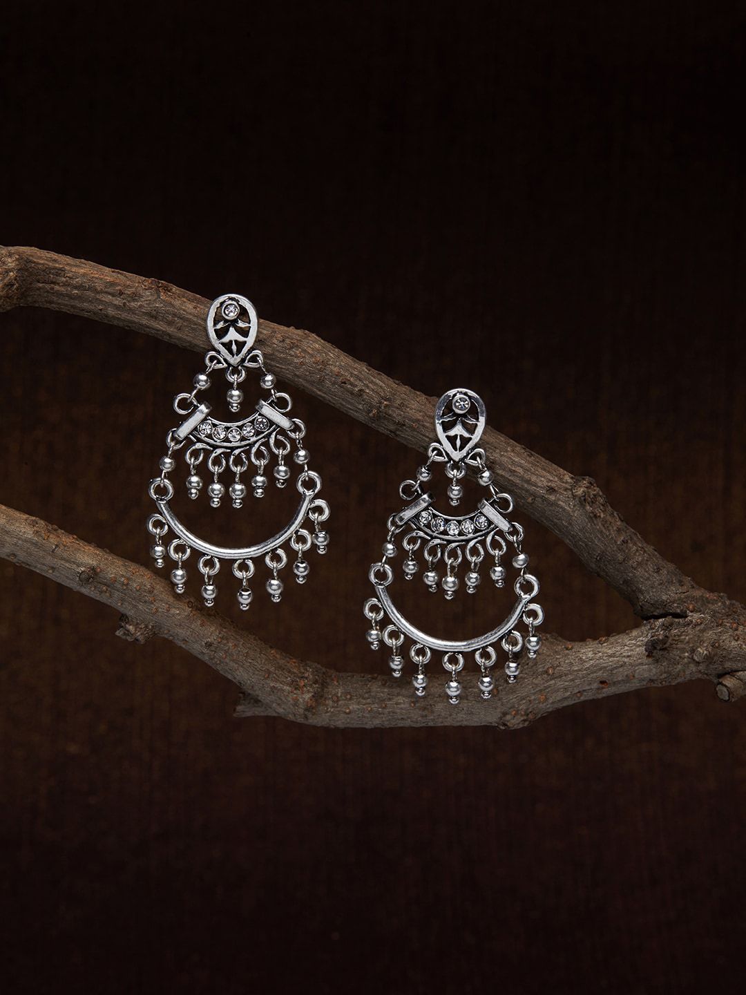 Accessorize Silver-Plated Oxidised Stone Studded Crescent Shaped Chandbalis Price in India