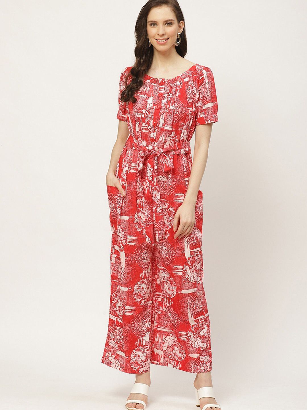 Cottinfab Women Red & White Printed Basic Jumpsuit Price in India