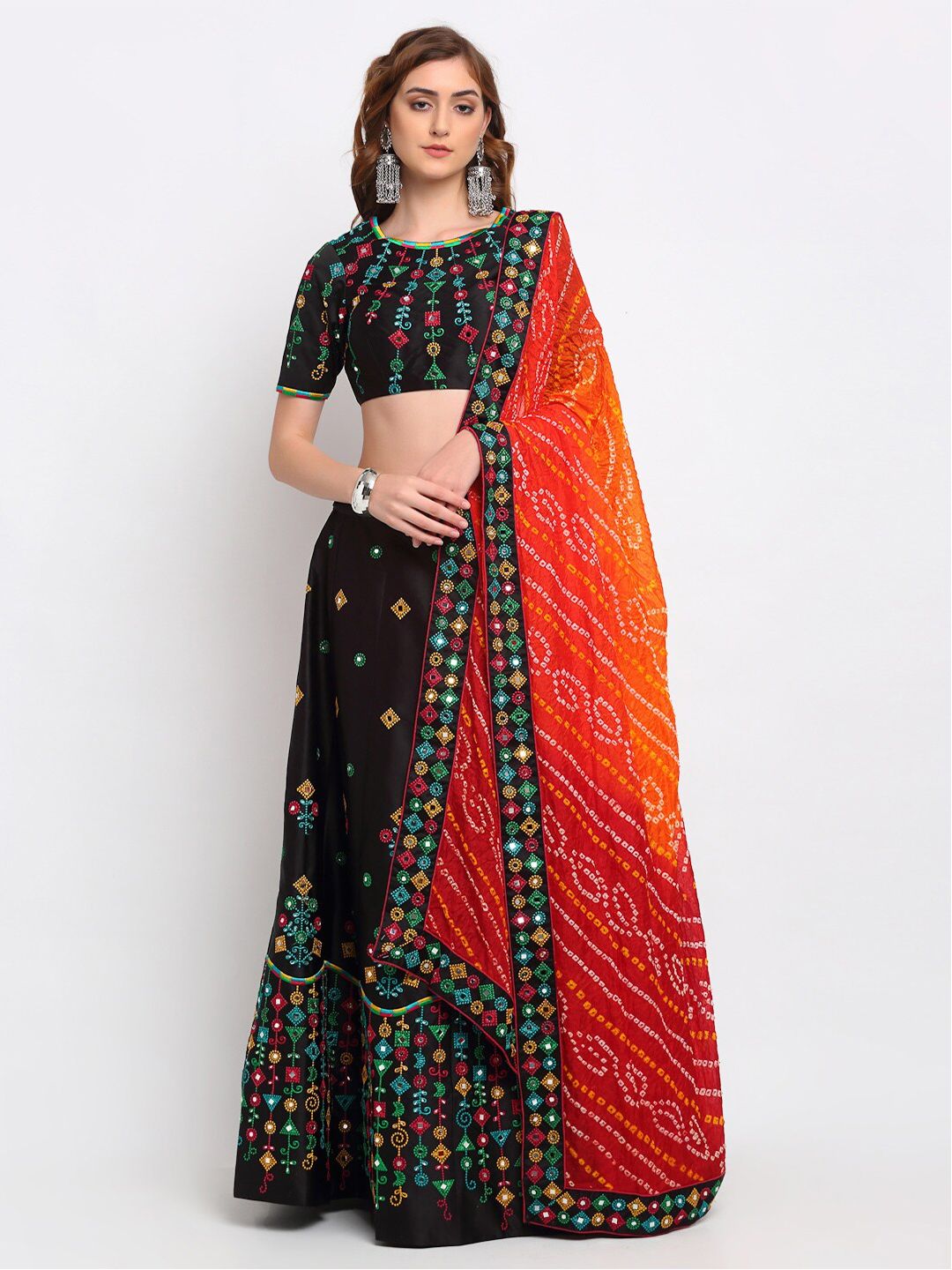 panchhi Black & Red Embroidered Semi-Stitched Lehenga & Unstitched Blouse with Dupatta