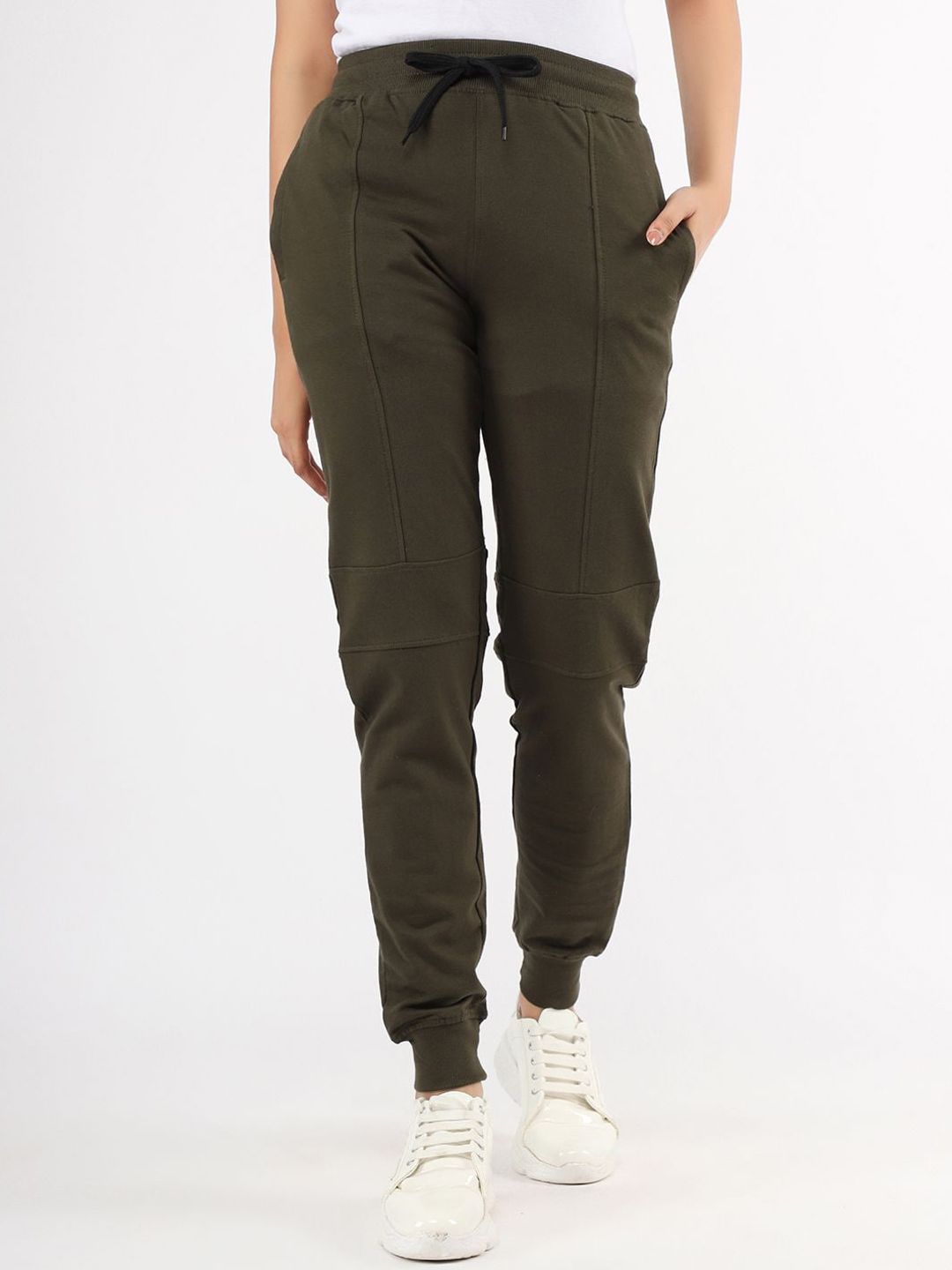 VEIRDO Women Olive Green Solid Slim-Fit Cotton Joggers Price in India