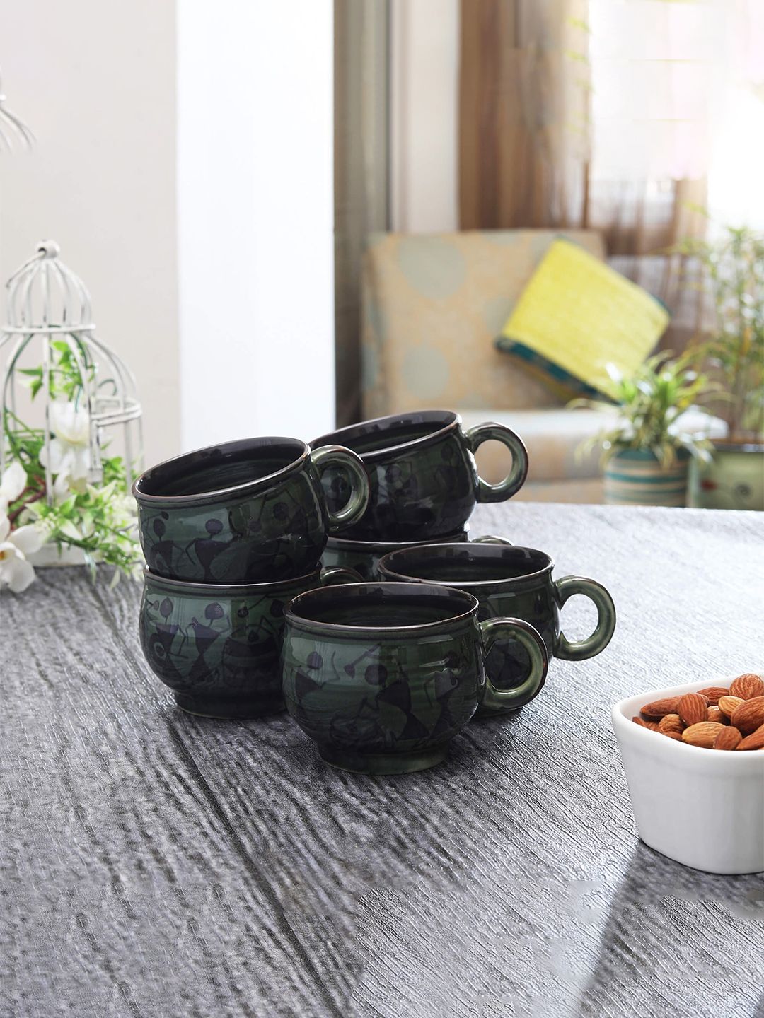 MIAH Decor Green Set Of 6 Hand-Painted Ceramic Coffee Mugs Price in India