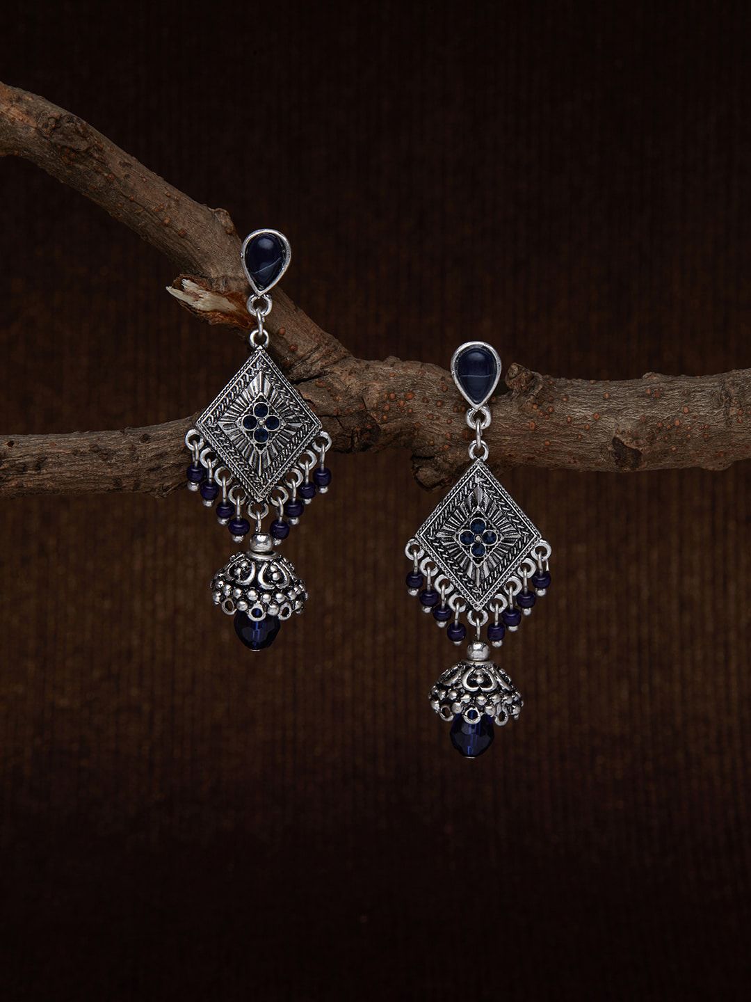 Accessorize Silver-Toned & Navy Blue Dome Shaped Jhumkas Price in India