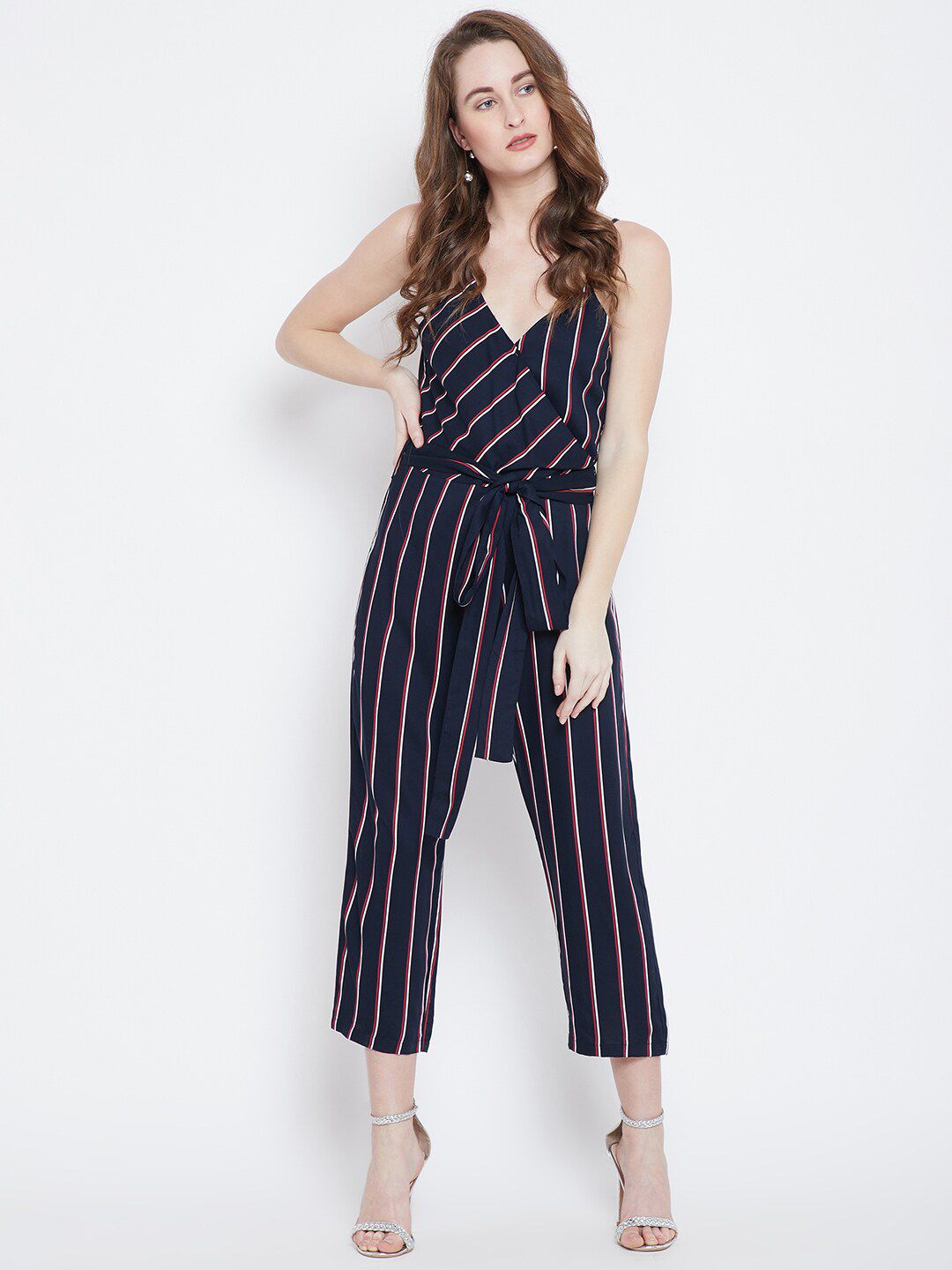 Berrylush Women Navy Blue & Red Striped Capri Jumpsuit Price in India