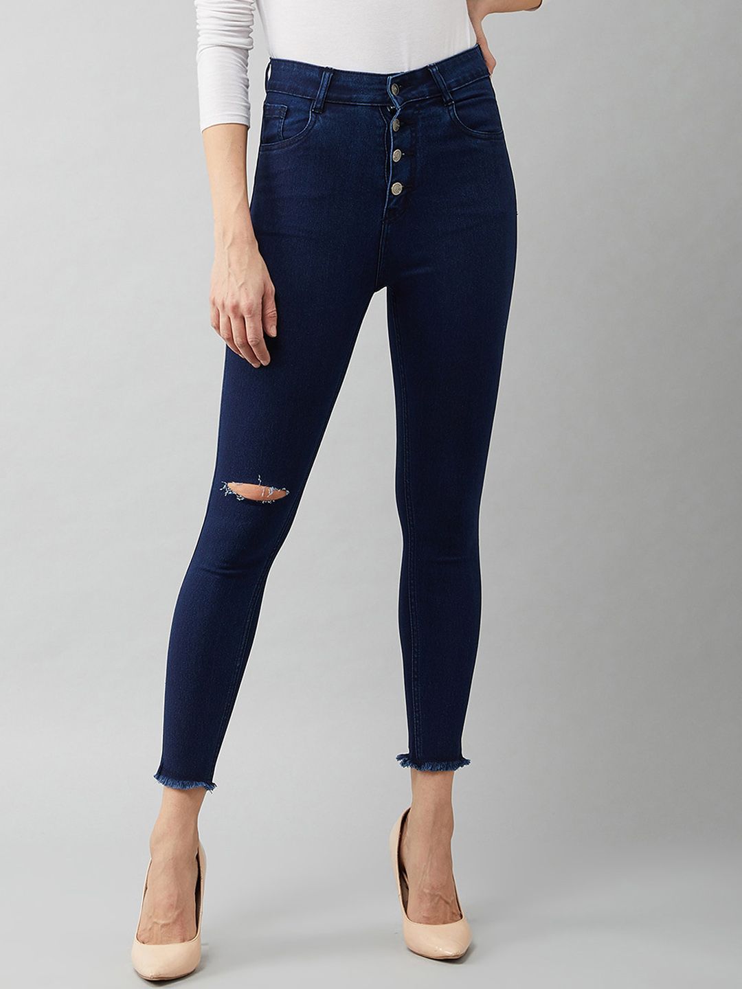 DOLCE CRUDO Women Navy Blue Skinny Fit High-Rise Slash Knee Stretchable Jeans Price in India