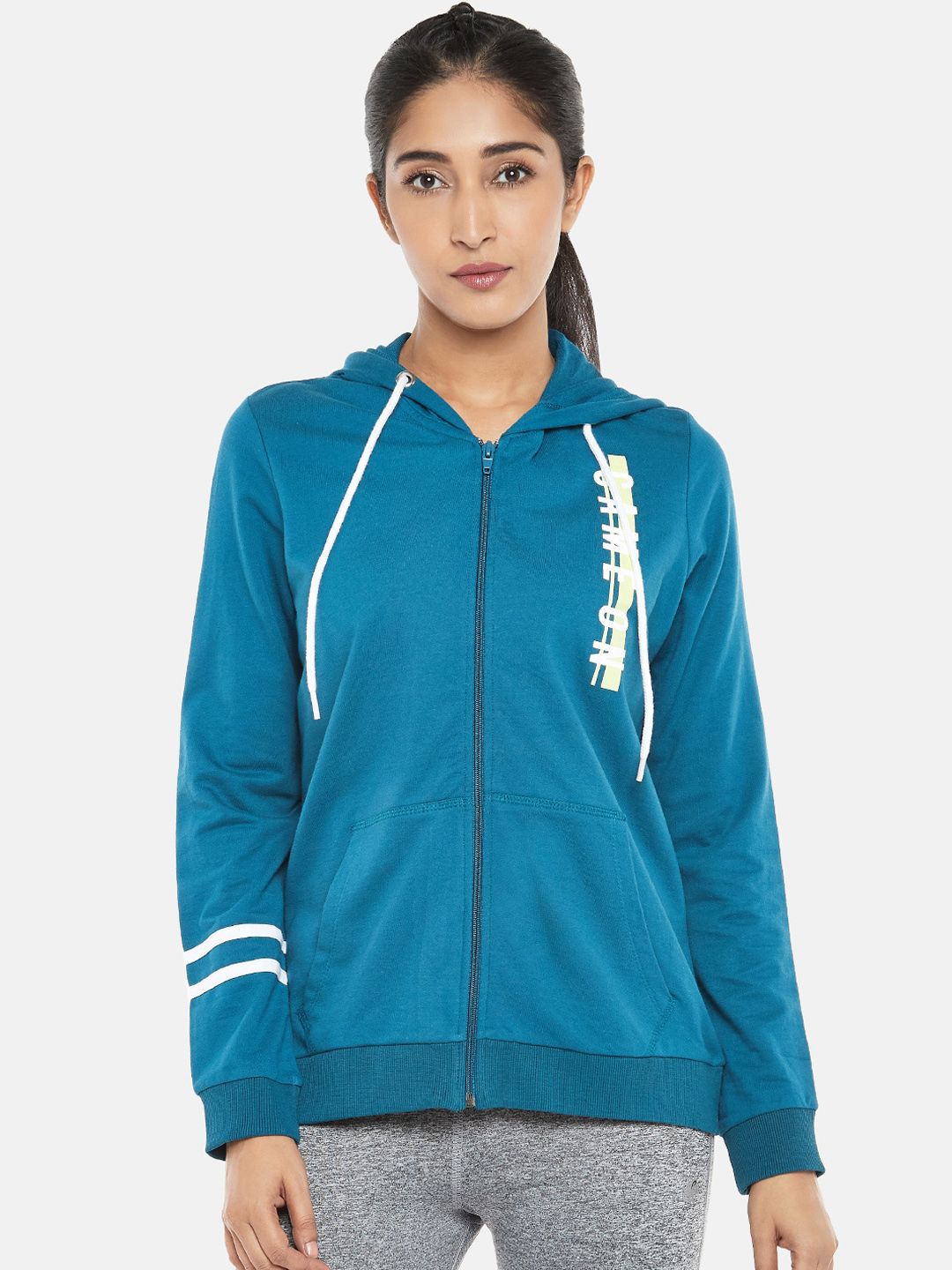 Ajile by Pantaloons Women Teal Blue Solid Cotton Hooded Sweatshirt with Printed Detail Price in India