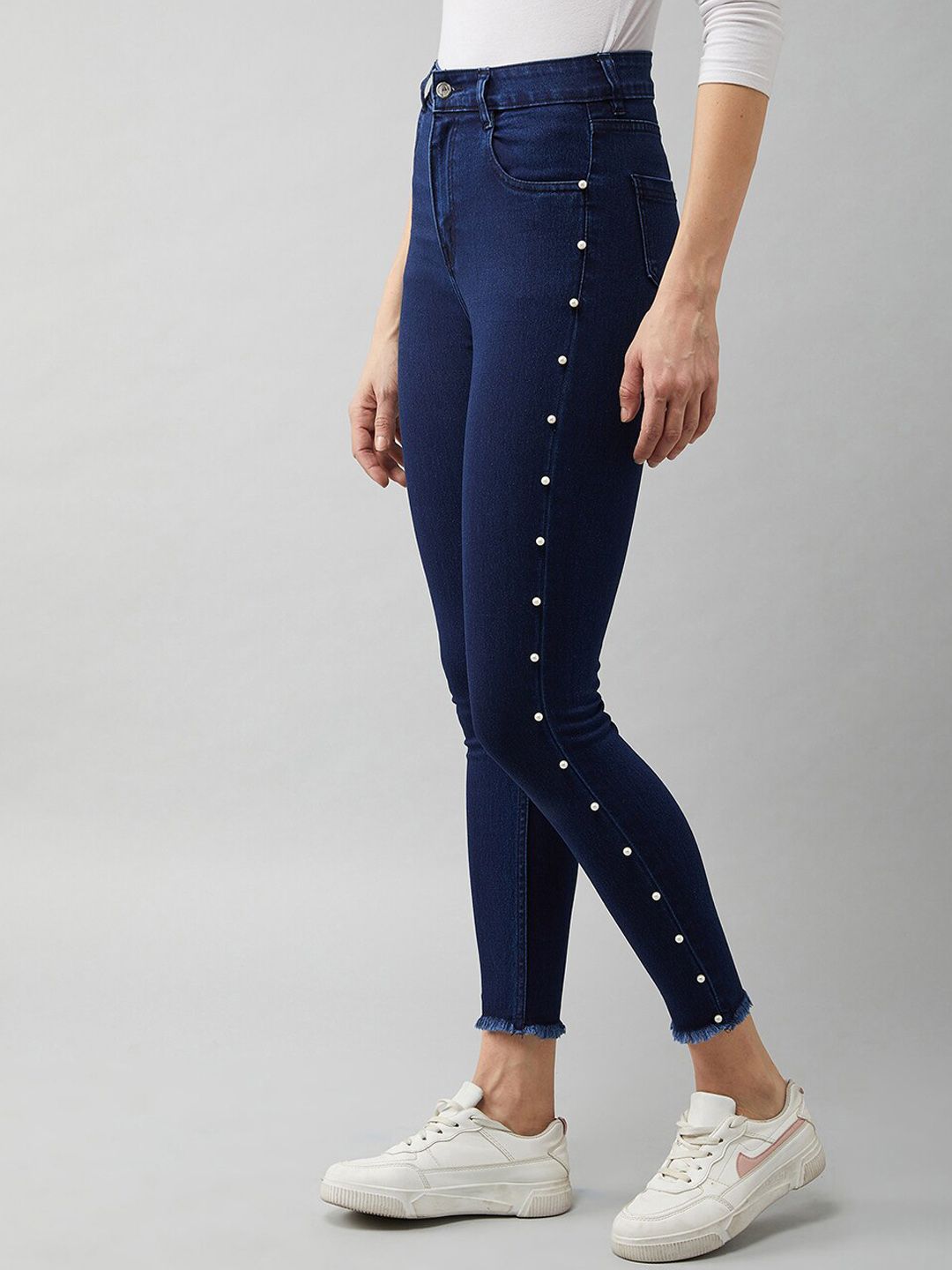 DOLCE CRUDO Women Navy Blue Embellished Skinny Fit High-Rise Stretchable Jeans Price in India