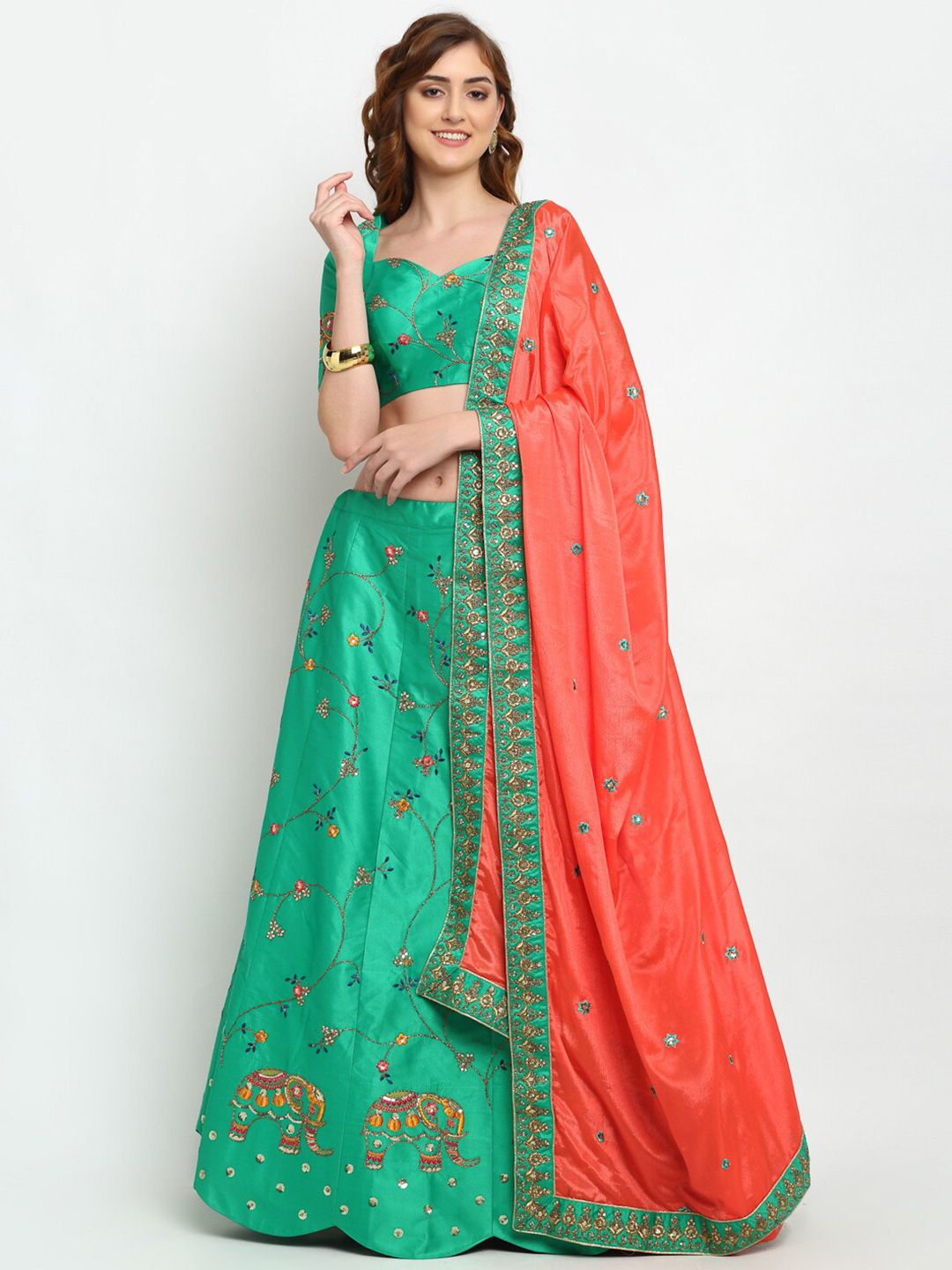 panchhi Sea Green & Peach-Coloured Embroidered Semi-Stitched Lehenga & Unstitched Blouse with Dupatta