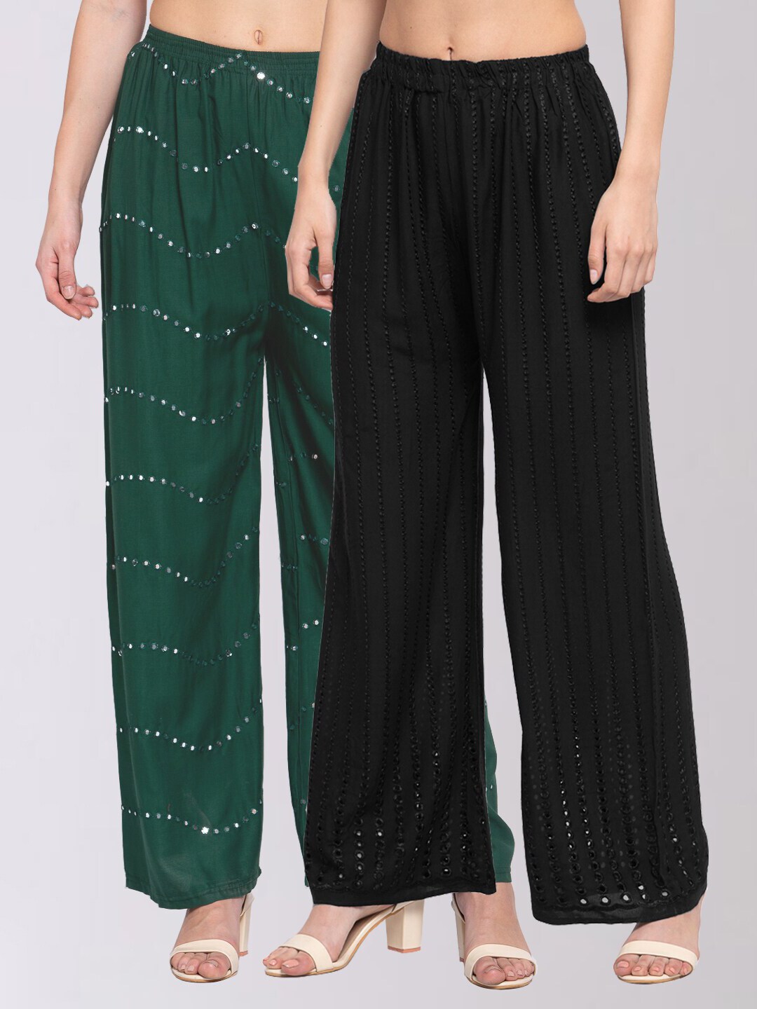 KLOTTHE Women Pack Of 2 Black & Green Embroidered Wide Leg Palazzos Price in India