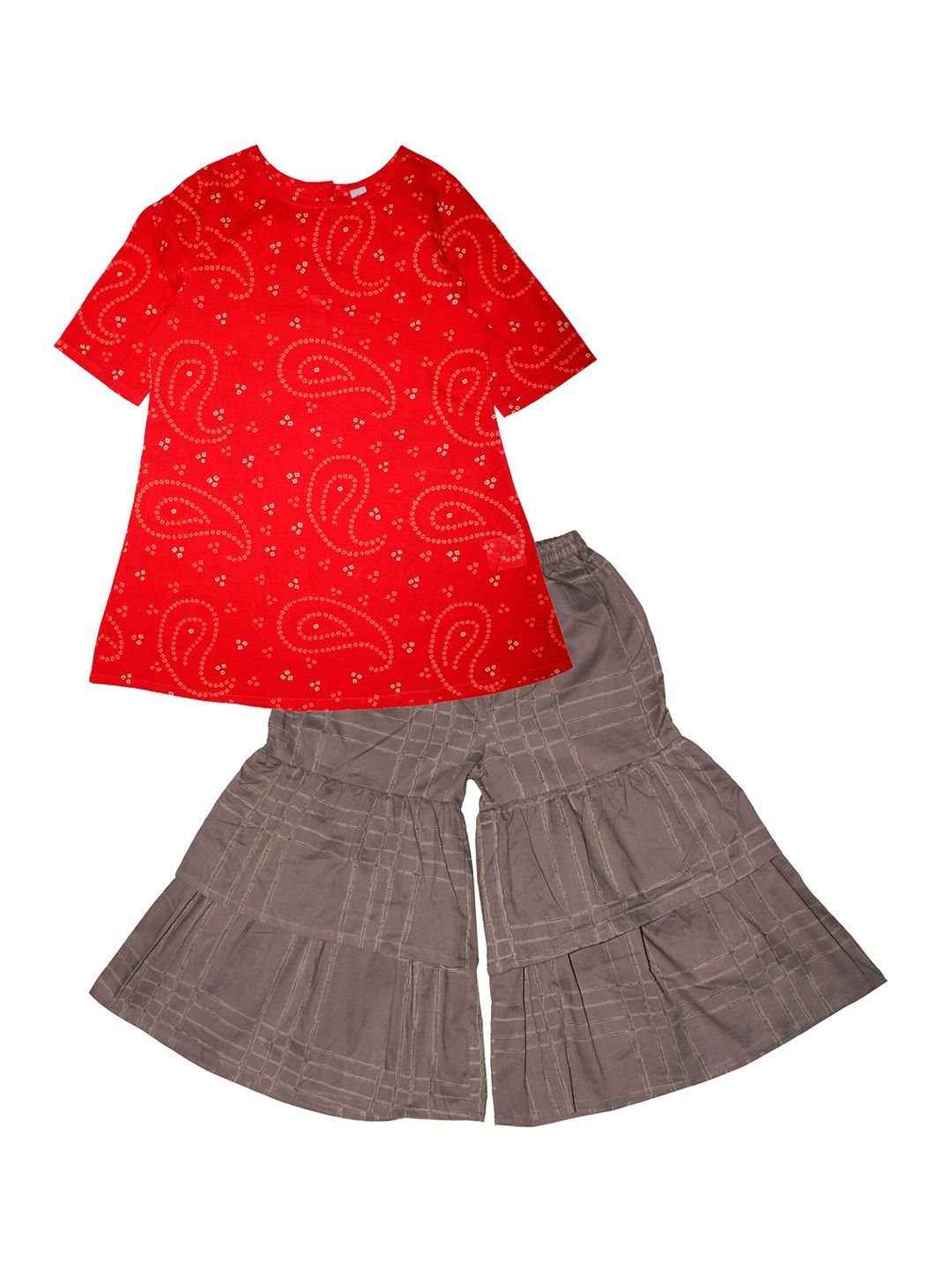 KiddoPanti Girls Red Bandhani Printed Regular A-Line Pure Cotton Kurti with Sharara