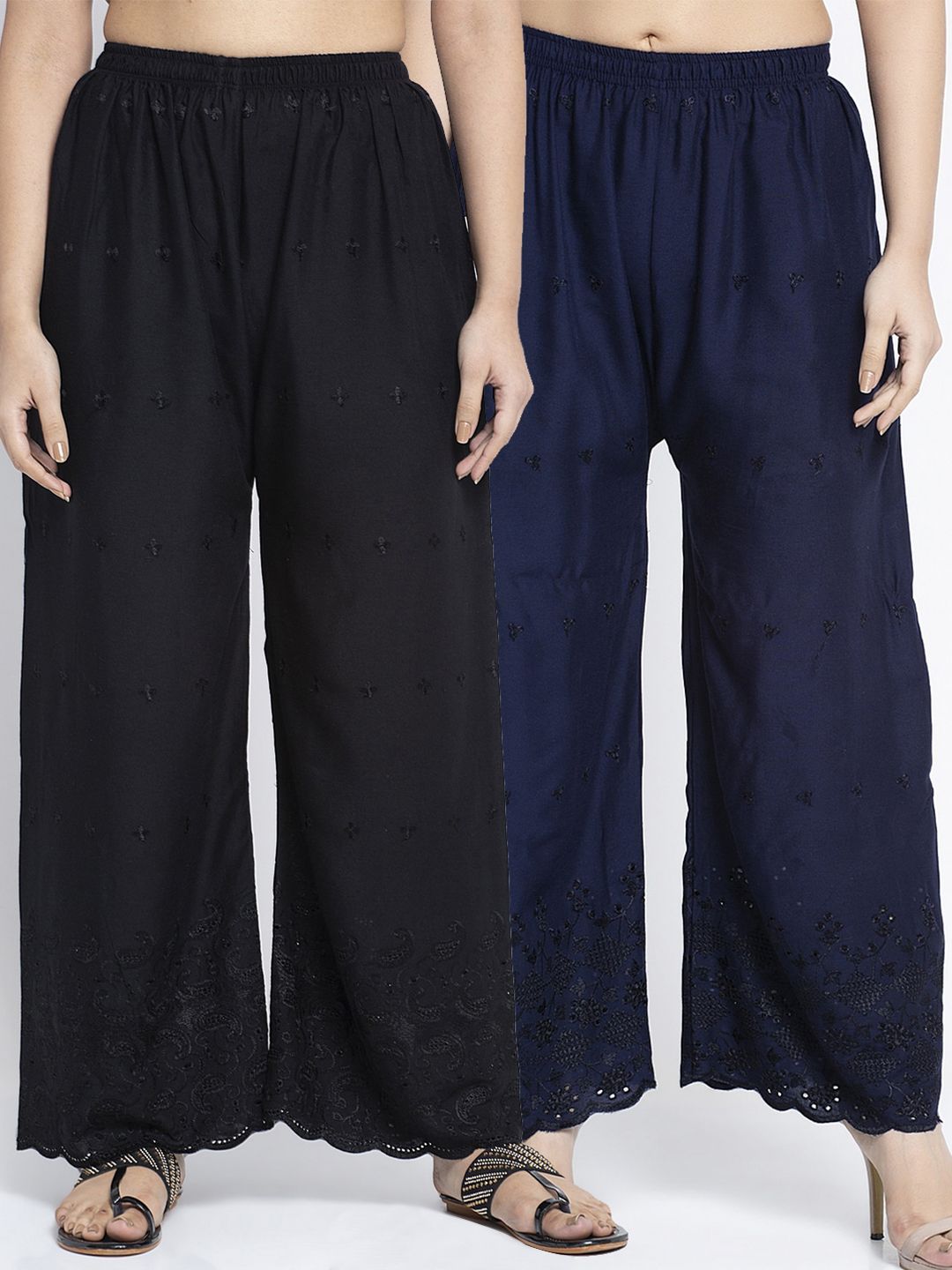 GRACIT Women Pack of 2 Black & Navy Blue Embroidered Wide Leg Palazzos Price in India