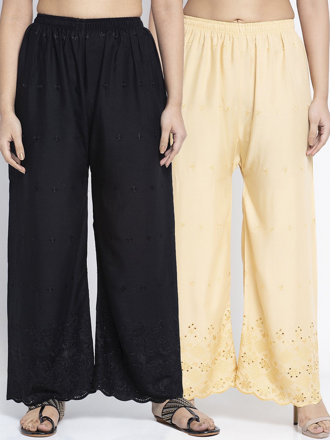 GRACIT Women Black & Beige Set of 2 Embroidered Wide Leg Palazzos Price in India