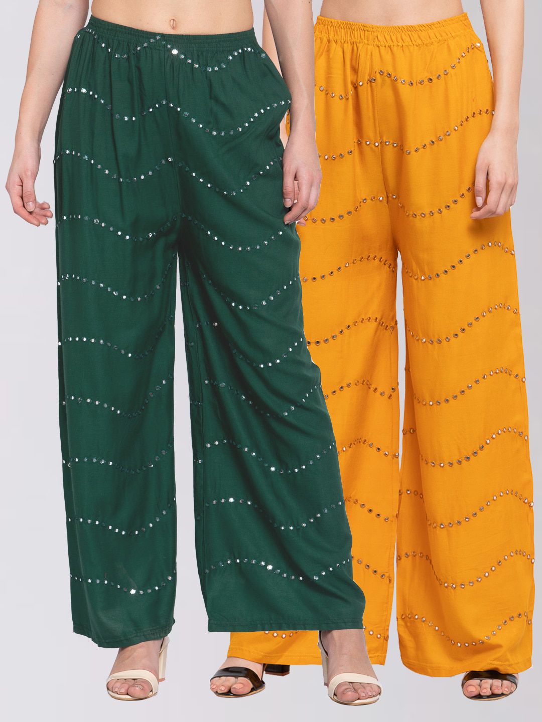 KLOTTHE Women Pack Of 2 Green & Yellow Embroidered Wide Leg Palazzos Price in India