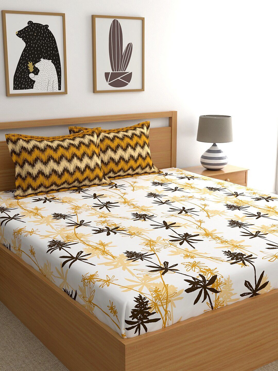 Home Ecstasy White & Brown Floral 140 TC Cotton 1 Queen Bedsheet with 2 Pillow Covers Price in India