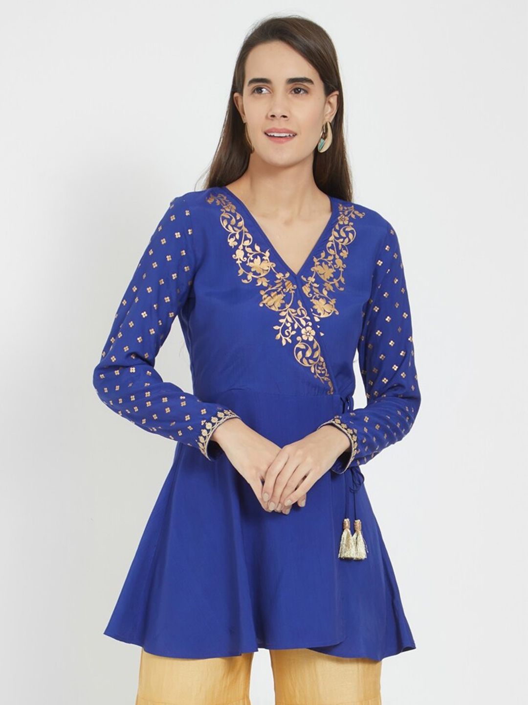 Fusion Beats Blue & Gold-Toned Printed Tunic Price in India