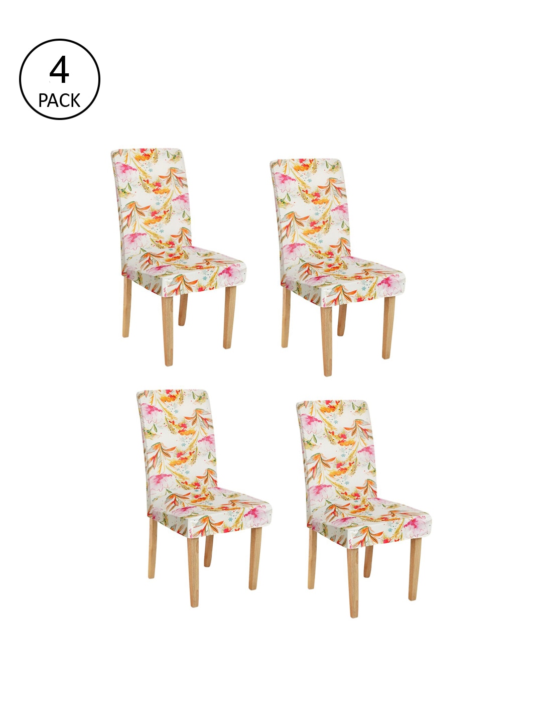 Rajasthan Decor Set Of 4 Cream-Coloured & Orange Printed Chair Covers Price in India