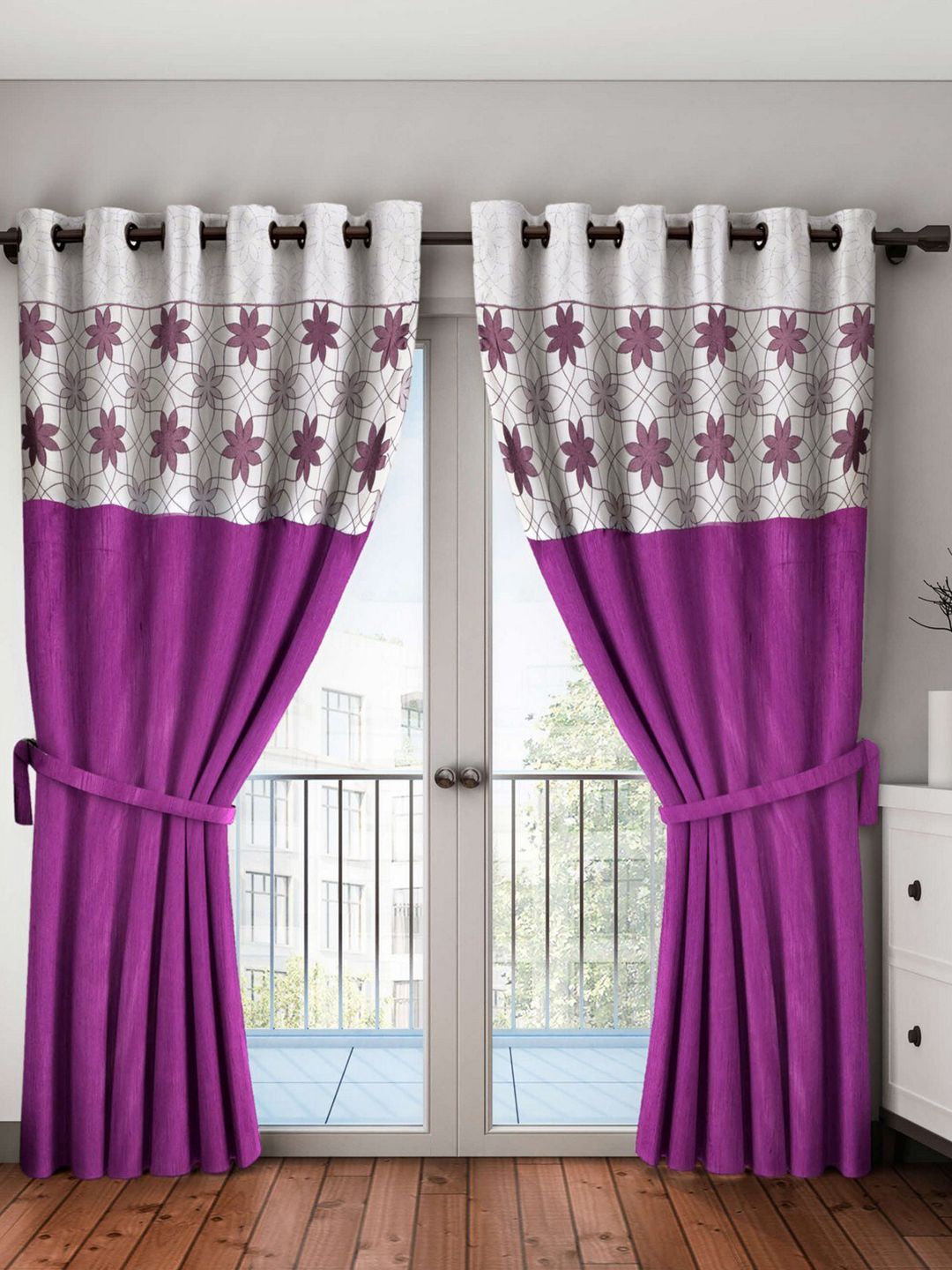 BIANCA Purple & Cream-Coloured Set of 2 Curtains Price in India