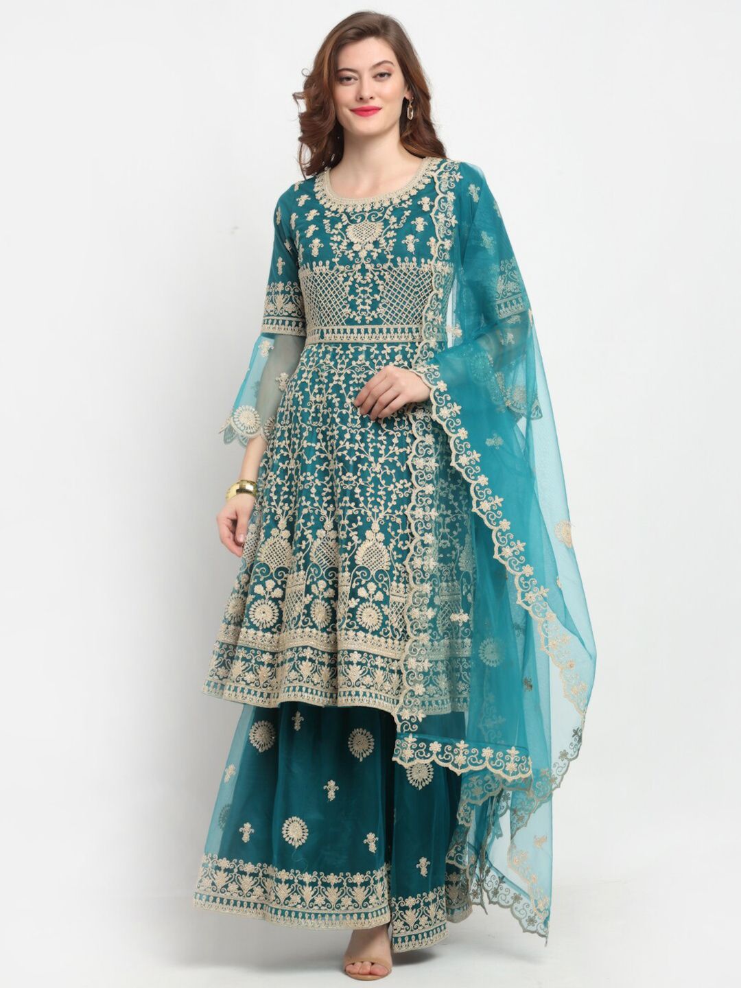 Stylee LIFESTYLE Teal & Gold-Toned Net Semi-Stitched Dress Material Price in India