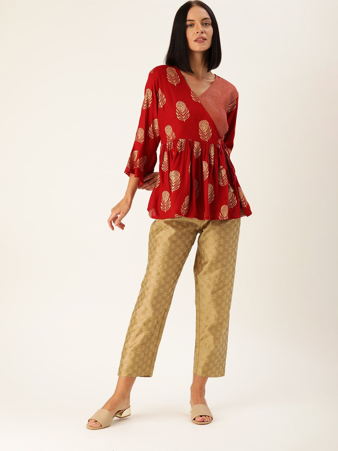 Varanga Women Maroon & Gold-Toned Printed Tunic with Trousers