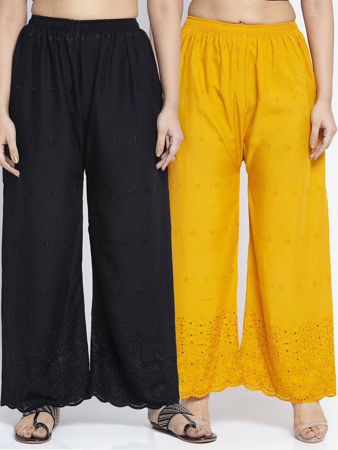 GRACIT Women Pack of 2 Black & Yellow Embroidered Wide Leg Palazzos Price in India