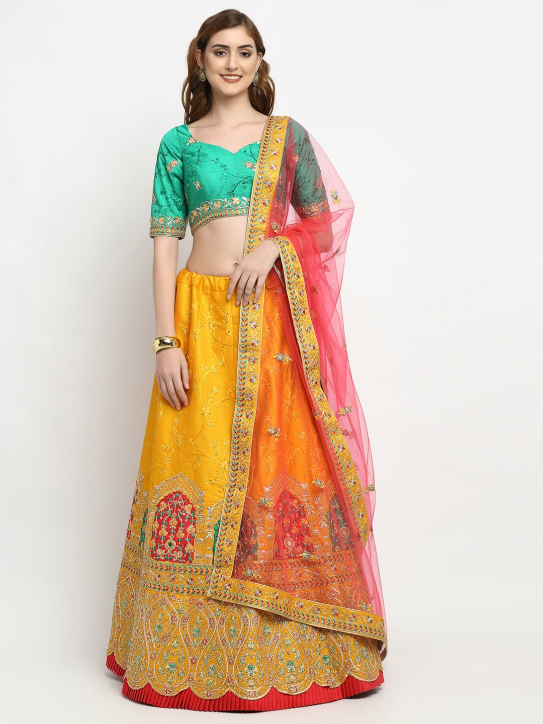 panchhi Yellow & Sea Green Embroidered Semi-Stitched Lehenga & Unstitched Blouse with Dupatta