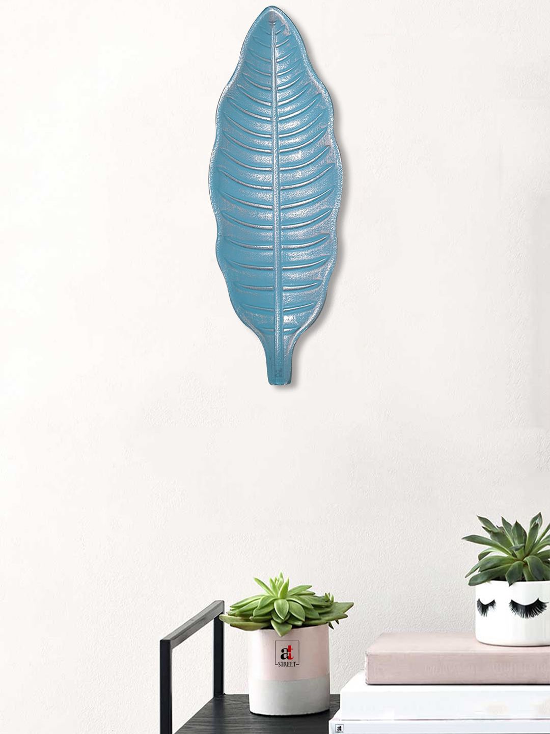 Art Street Blue & Silver-Toned Leaf Textured MDF Wall Decor Plate Price in India