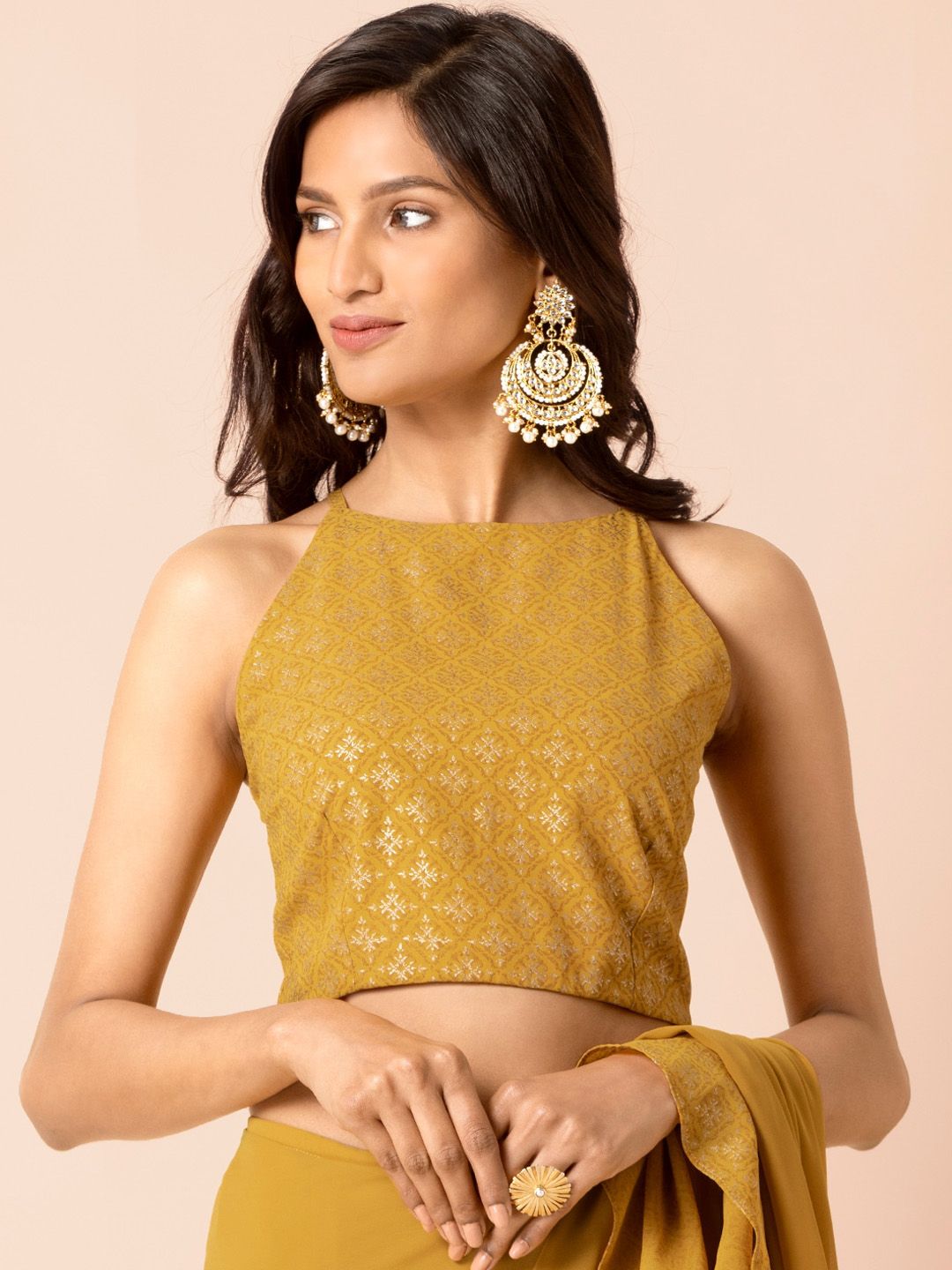 INDYA Yellow Halter Neck Georgette Regular Crop Top