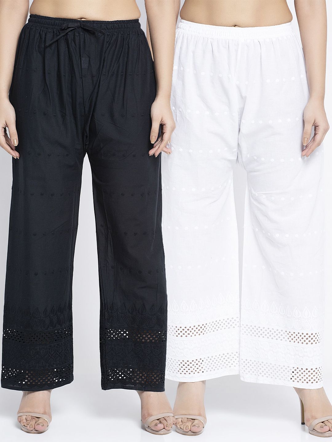 GRACIT Women Black & White Set of 2 Embroidered Wide Leg Palazzos Price in India