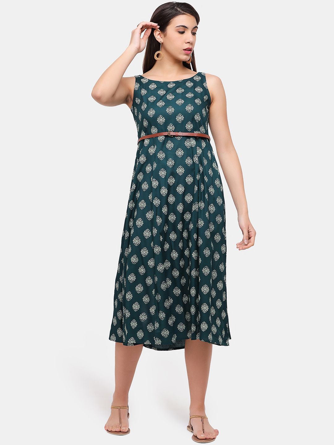 IMARA Green Floral Empire Midi Dress Price in India
